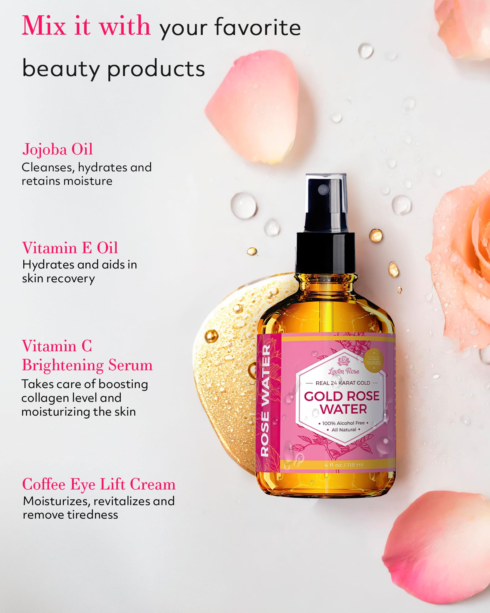 Leven Rose Rose Water Toner mist applied to skin for cooling hydration.
