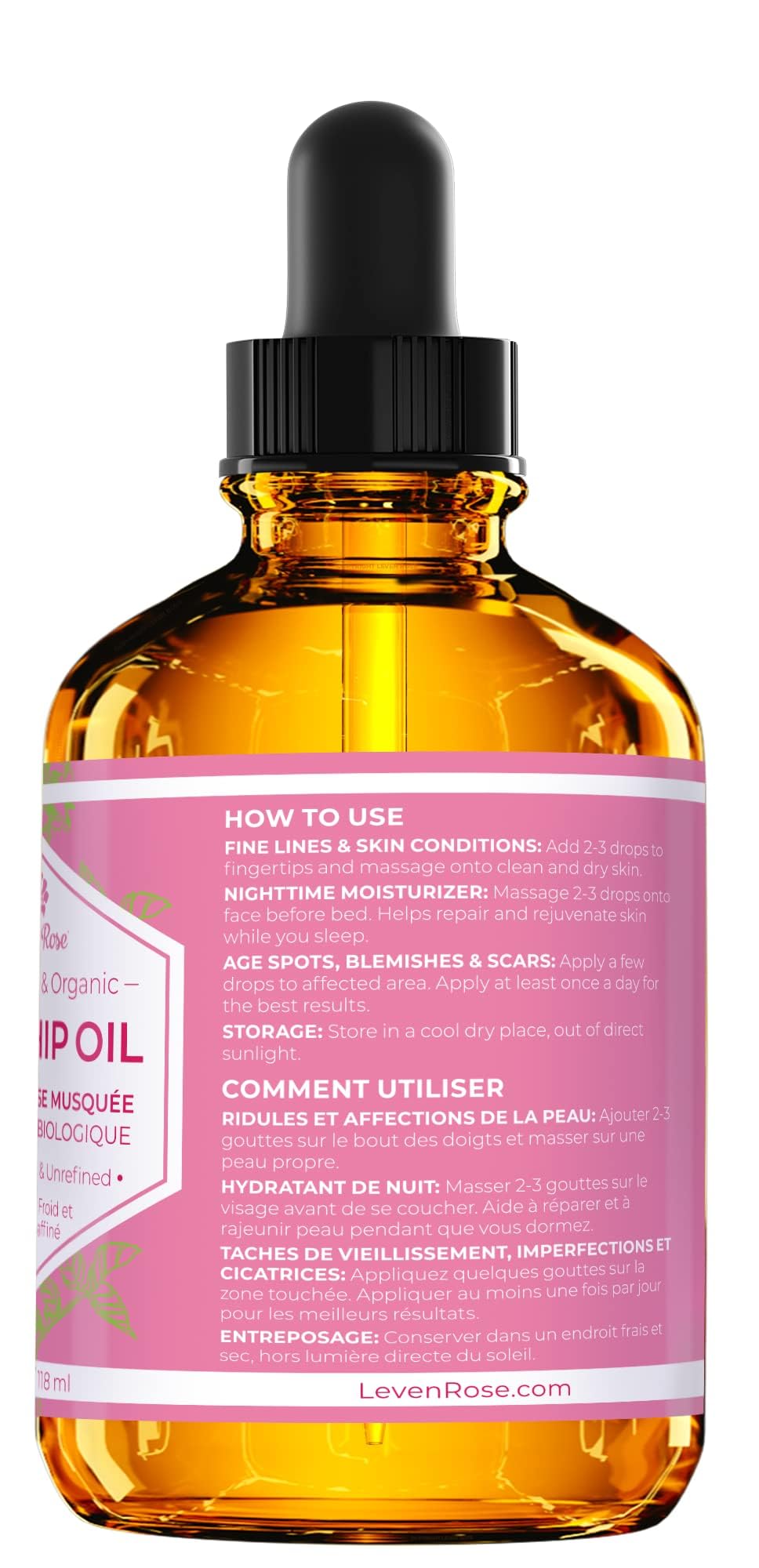 leven rose rosehip oil applied to body for even tone and hydration