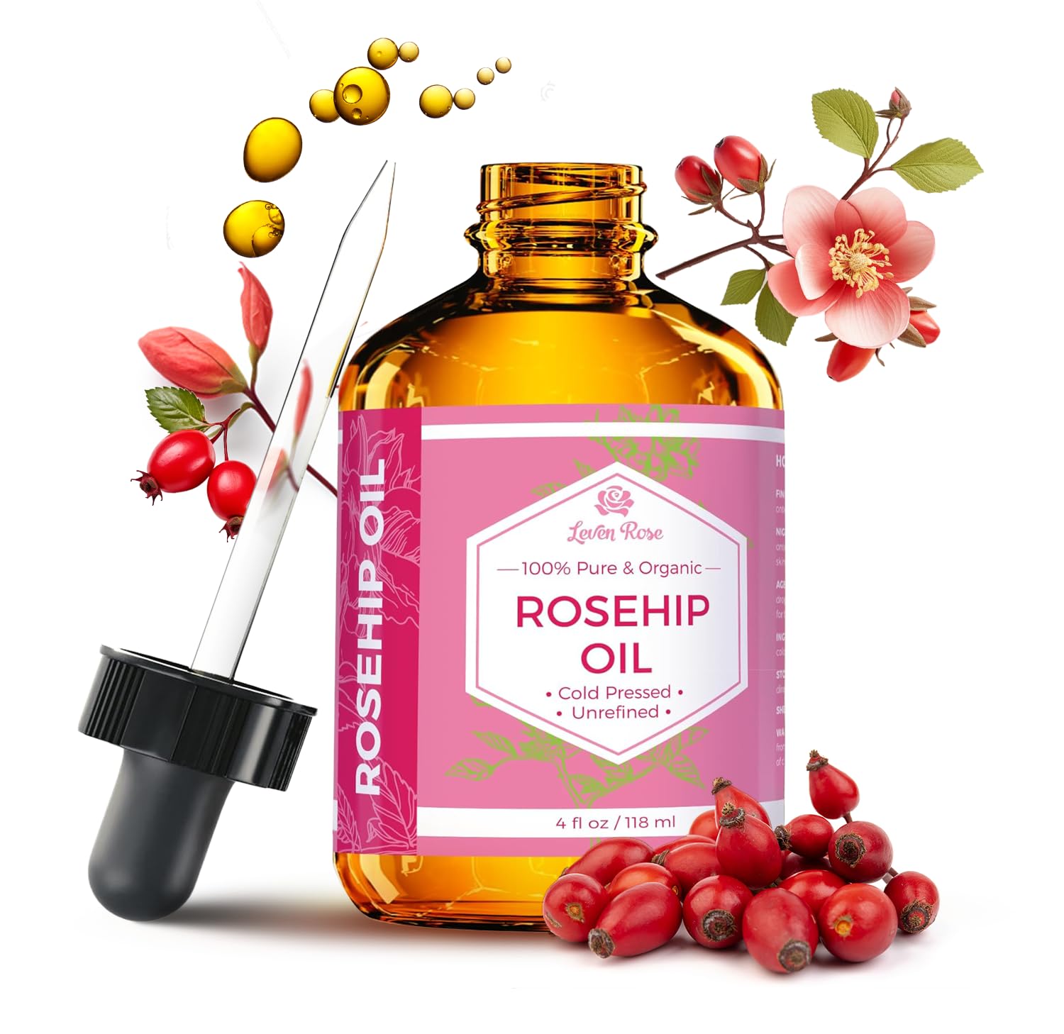 Leven Rose rosehip oil bottle closeup shows pure, unrefined formula for facial hydration.