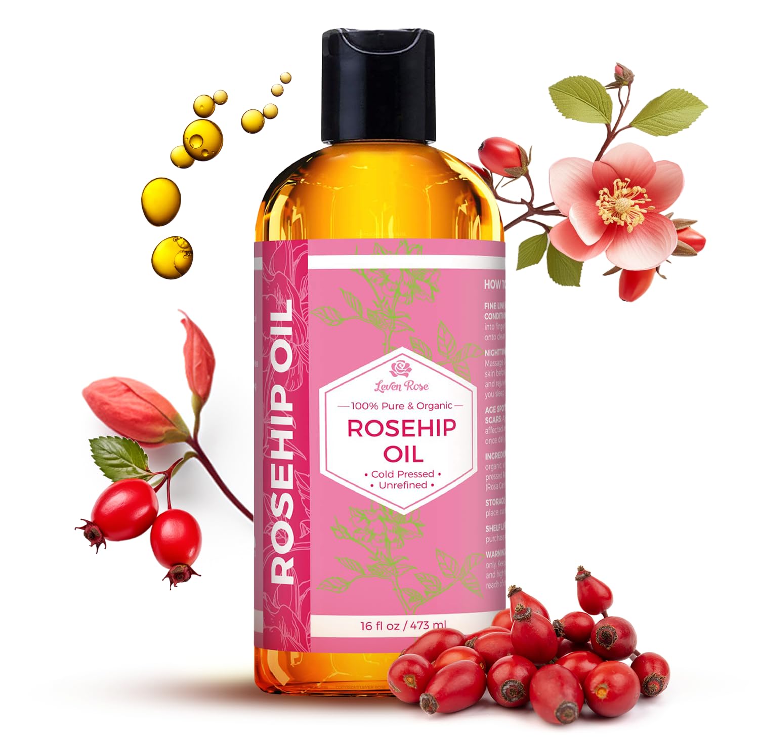 Leven Rose rosehip oil bottle pour shows fast absorption for nourished, glowing skin.