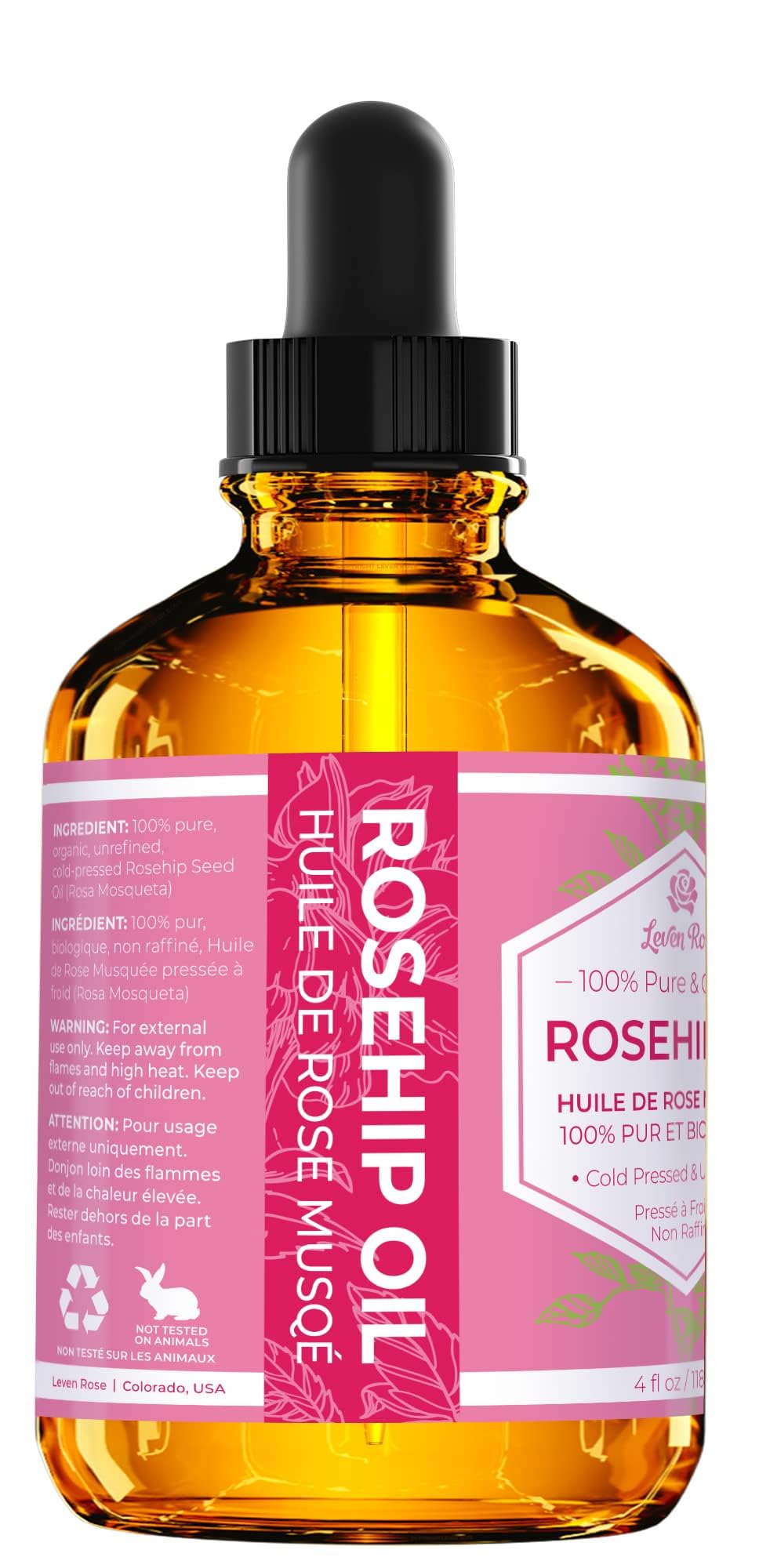 leven rose rosehip oil dropper close-up for nourishing skin
