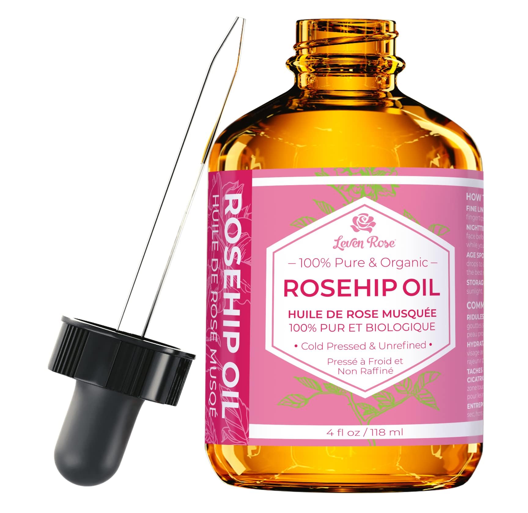 leven rose rosehip oil bottle on vanity promoting radiant, hydrated skin