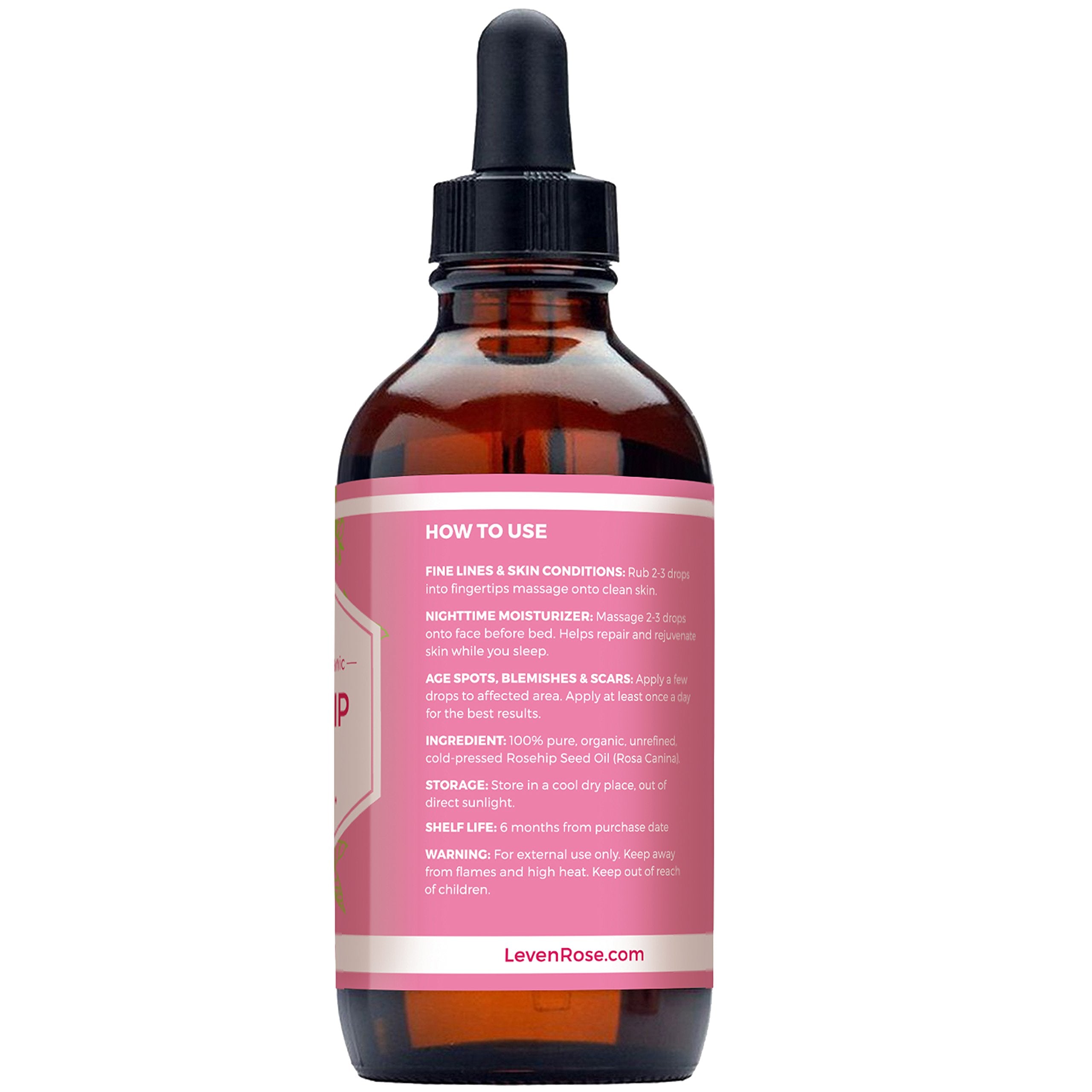 Leven Rose rosehip oil on hair and scalp adds shine and nourishment.
