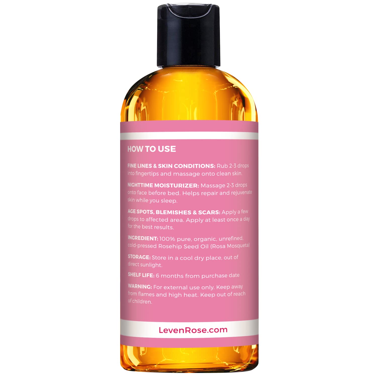Leven Rose rosehip oil in-bottle emphasizes purity and long-lasting hydration for face and body.