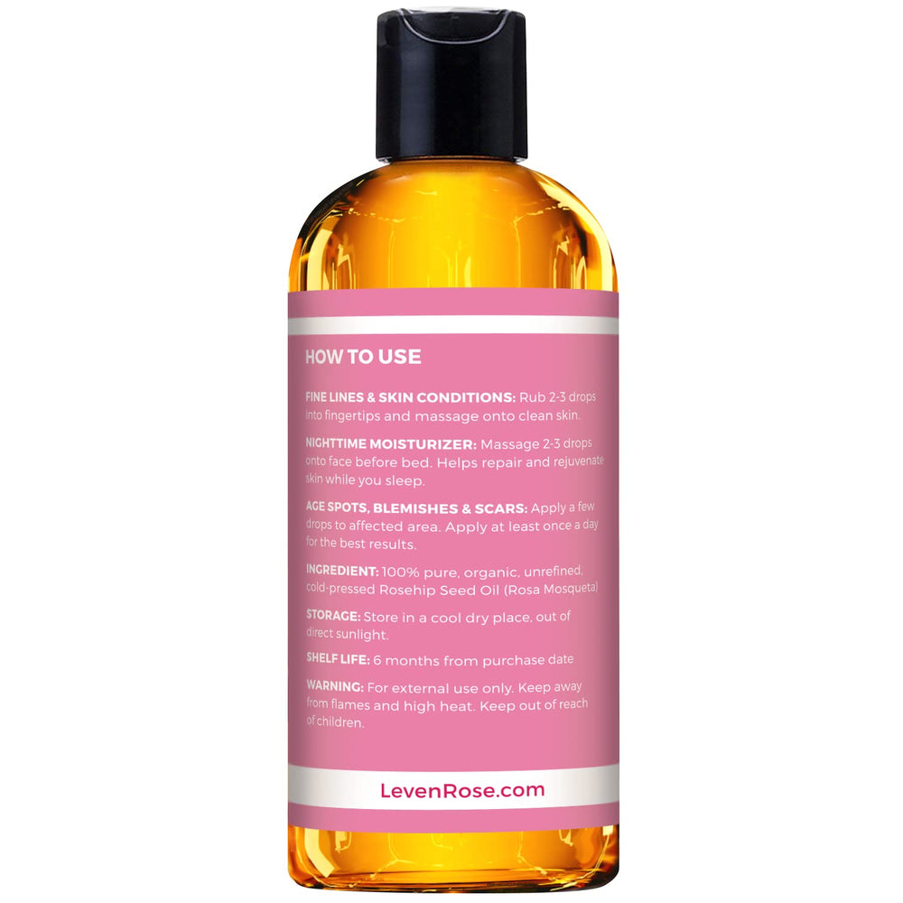 Leven Rose rosehip oil in-bottle emphasizes purity and long-lasting hydration for face and body.