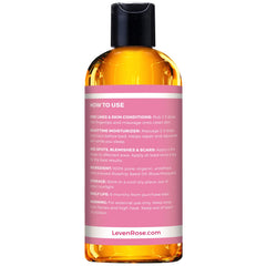 Leven Rose rosehip oil in-bottle emphasizes purity and long-lasting hydration for face and body.