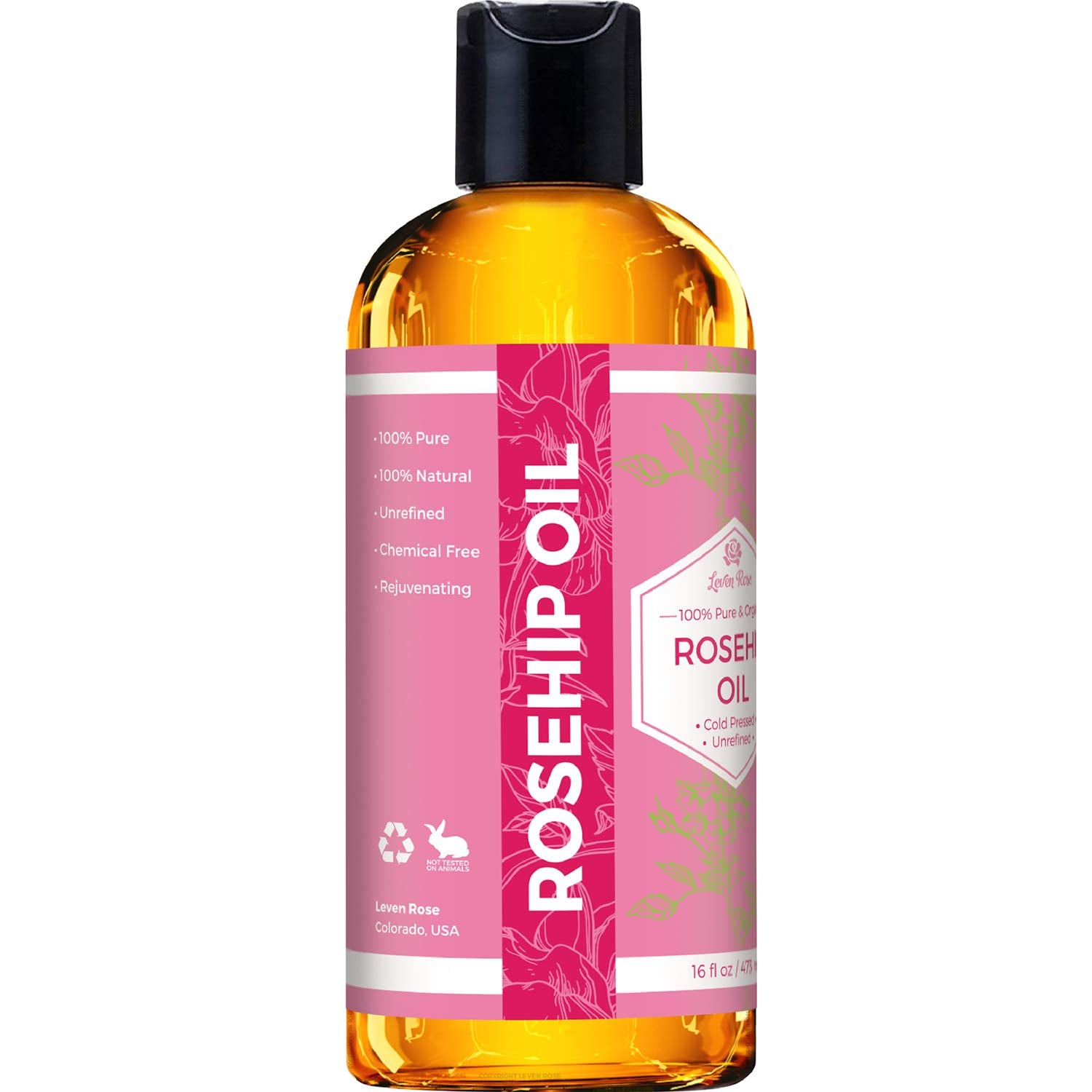 Leven Rose rosehip oil label-front highlights unrefined cold-pressed formula for healthy skin.