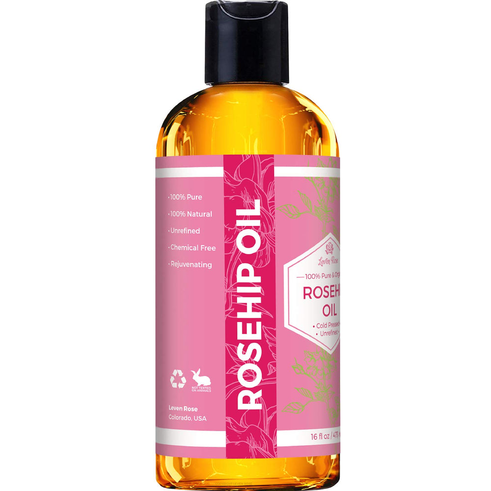 Leven Rose rosehip oil label-front highlights unrefined cold-pressed formula for healthy skin.
