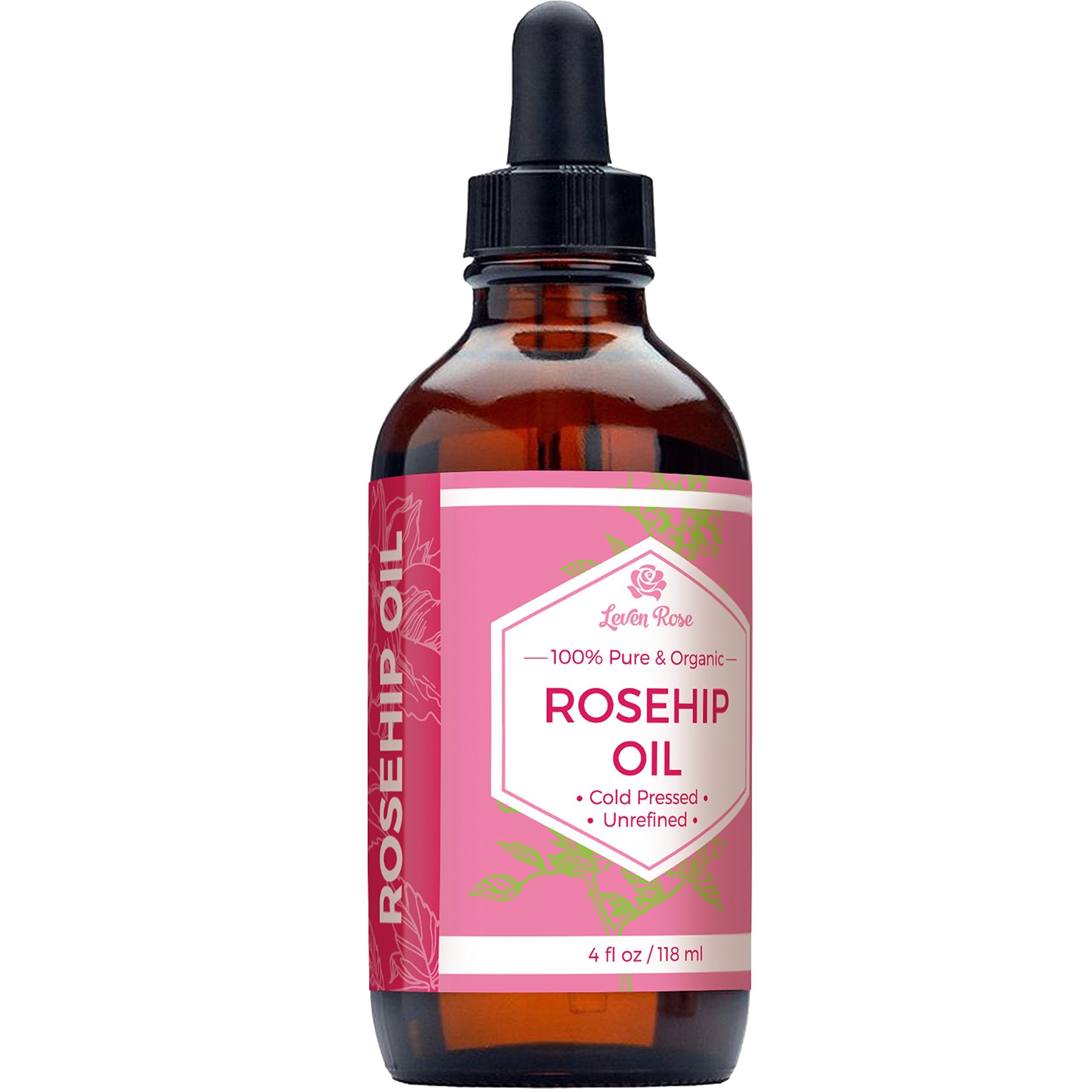 Leven Rose rosehip oil bottle with dropper illustrates multipurpose care for skin, hair, and nails.