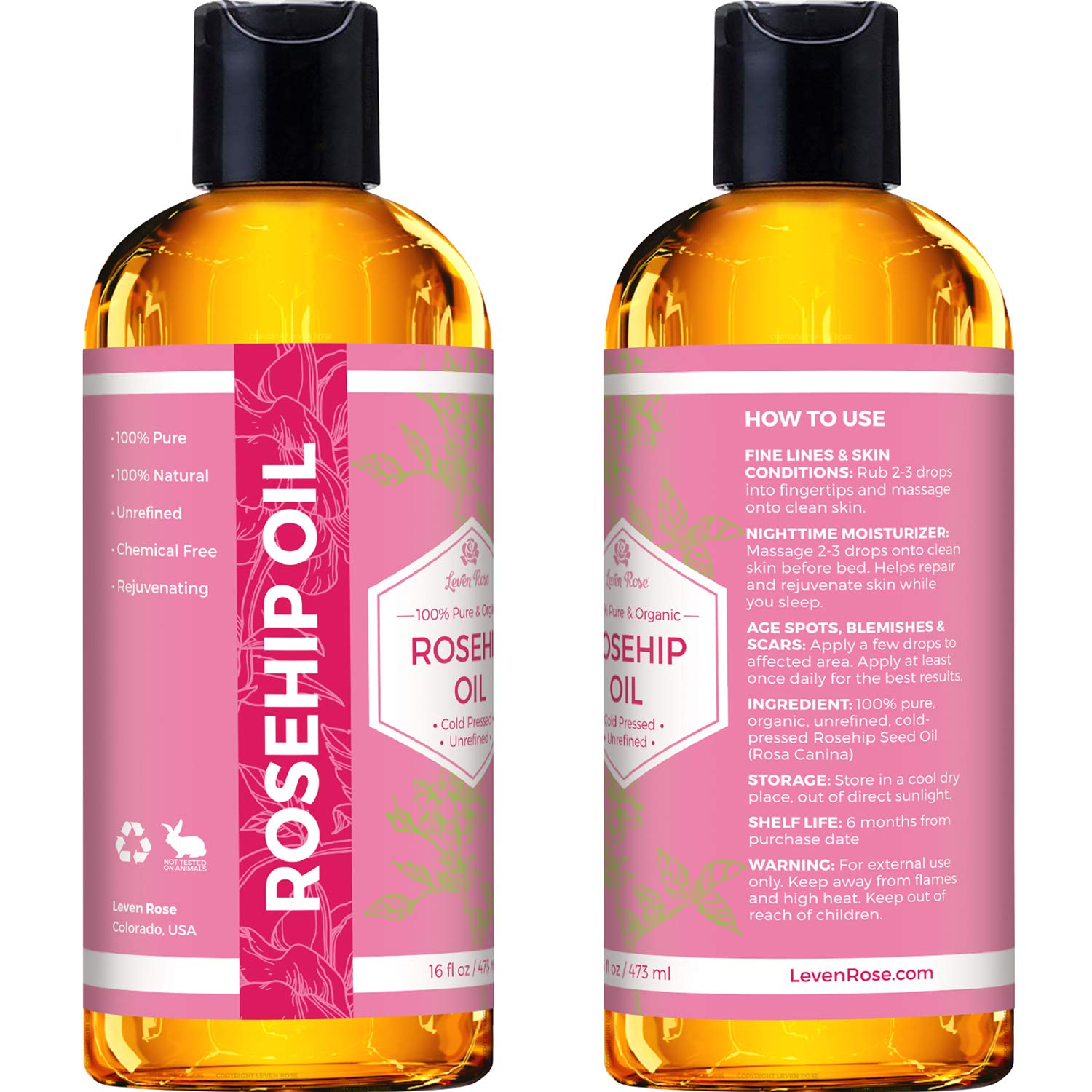 Leven Rose rosehip oil multifunction-use shows versatility for hair, nails, lips, and skin.