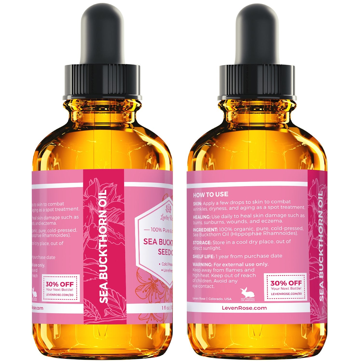 Leven Rose Sea Buckthorn Oil amber packaging protecting from UV exposure.
