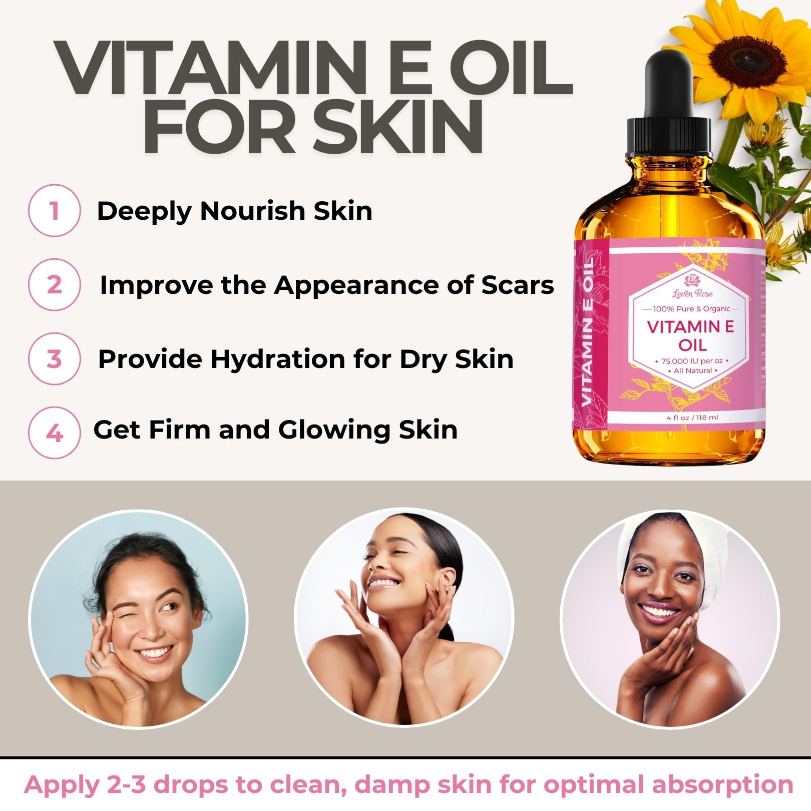 Leven Rose Vitamin E Oil on hair ends for deep hydration and shine.