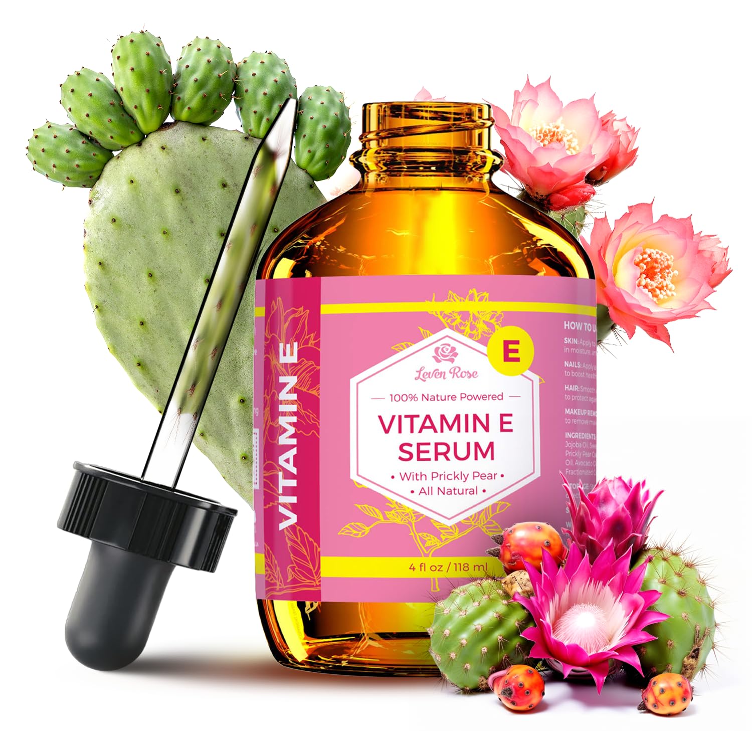 Leven Rose Vitamin E Oil Serum bottle closeup shows rich hydration for skin.