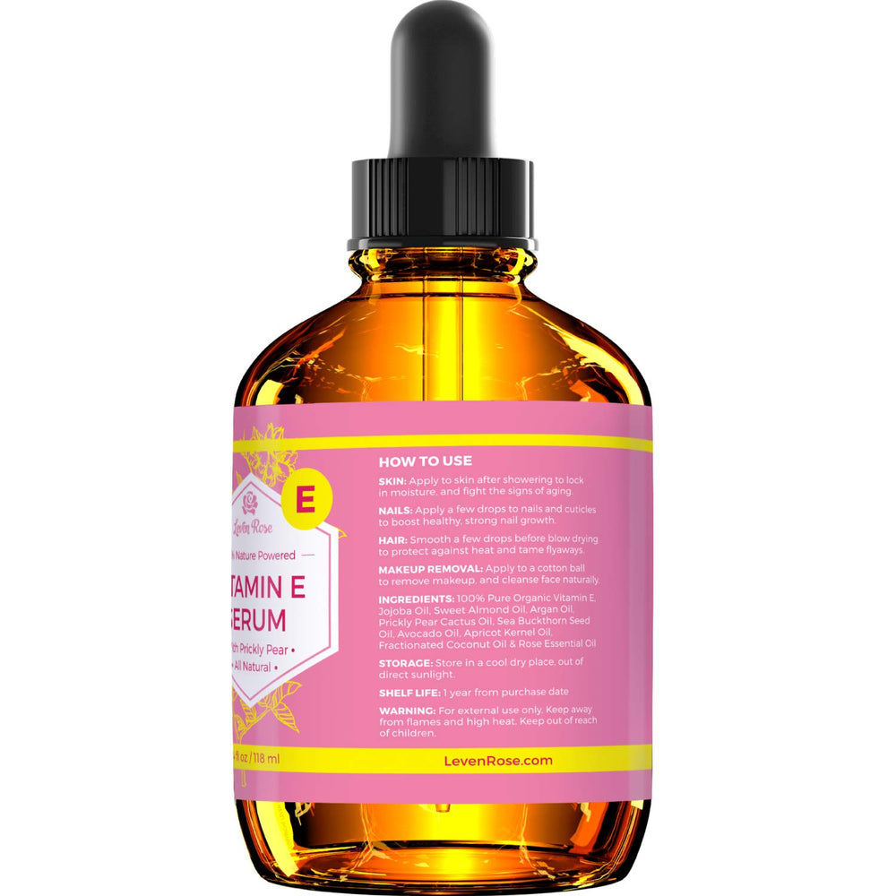 Leven Rose Vitamin E Oil Serum travel-size bottle for on-the-go hydration.