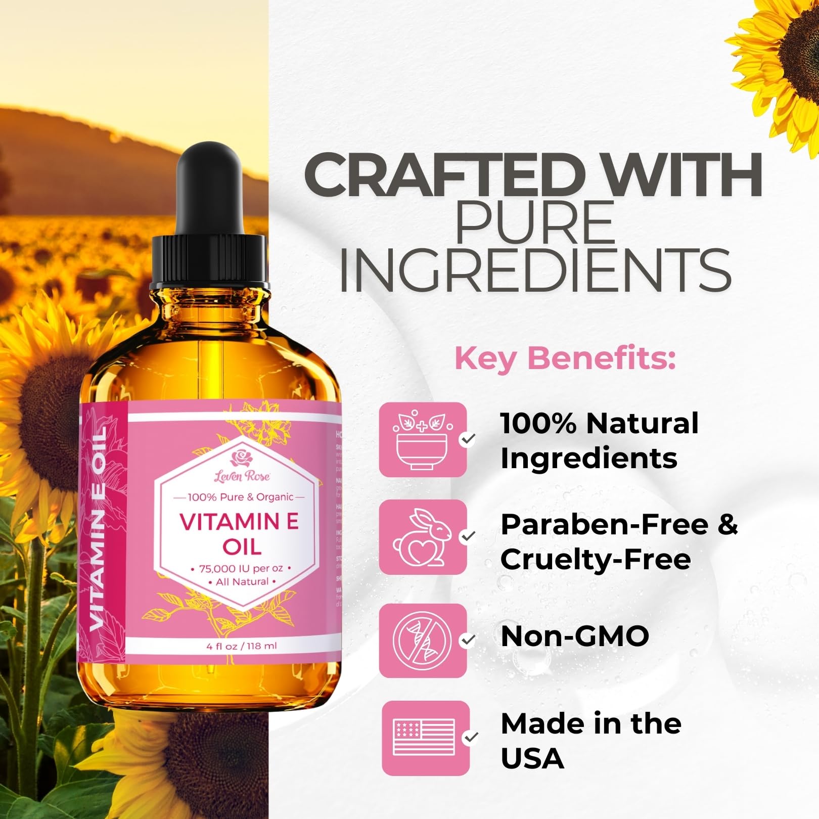 Leven Rose Vitamin E Oil nourishes skin with antioxidant-rich hydration.