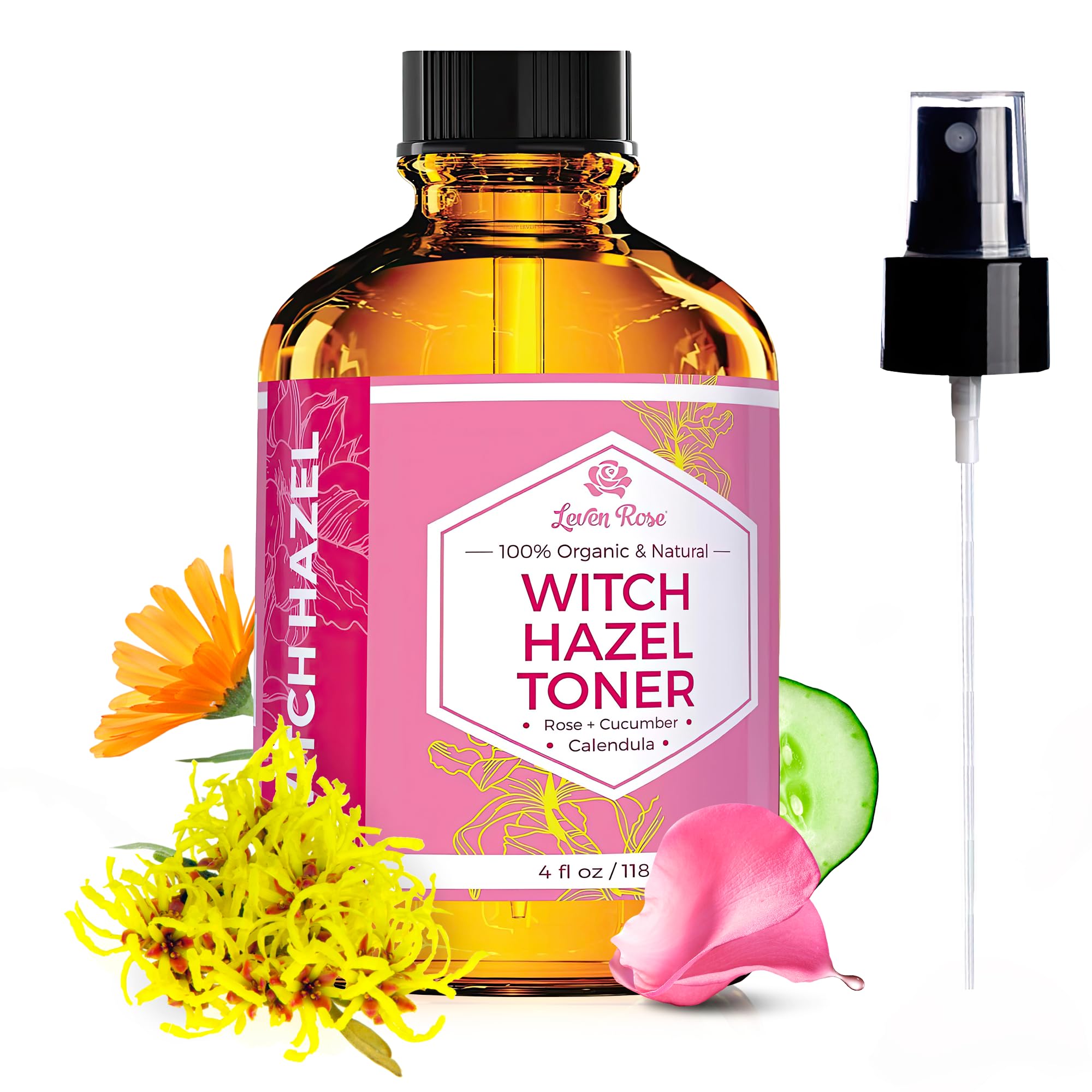 Leven Rose Witch Hazel Toner bottle closeup showcasing pure, soothing formula ideal for sensitive skin.