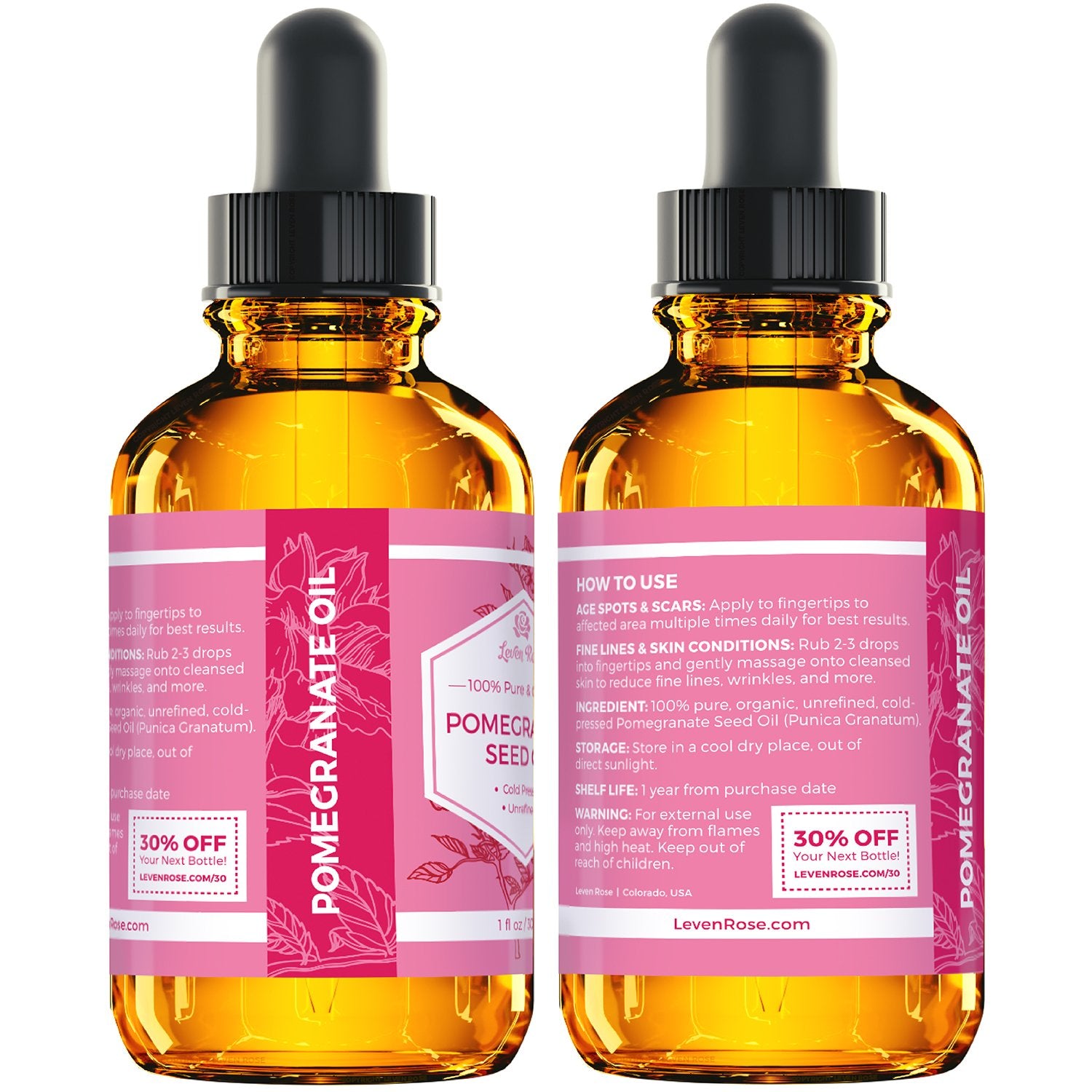 Leven Rose Pomegranate Oil on hair for natural shine