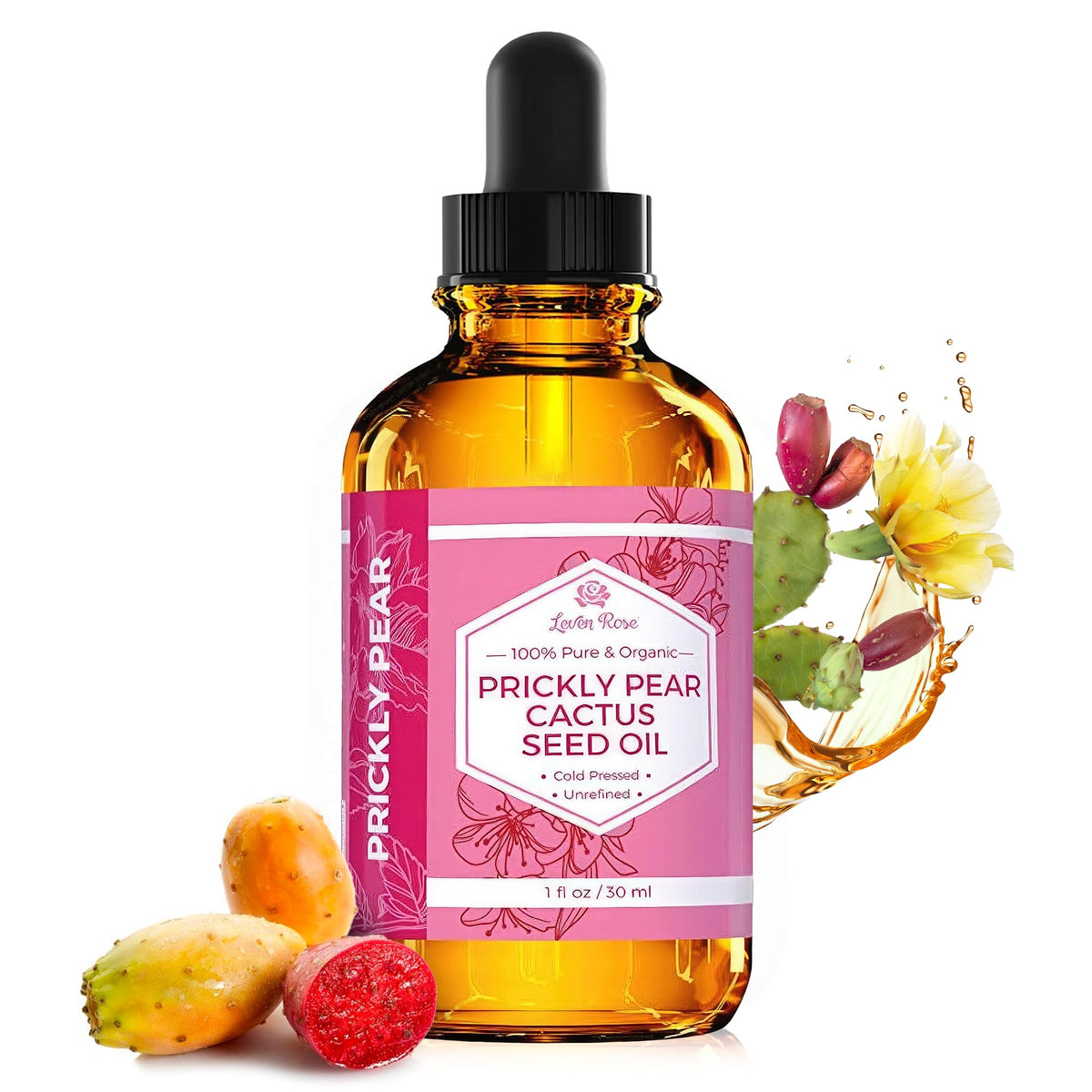 Leven Rose prickly pear oil bottle with a pipette for precise, hydrating application.