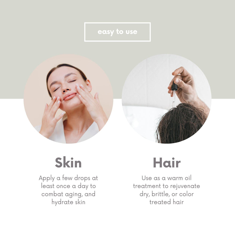 Leven Rose hair application highlights shine and vitality with lightweight nourishment.