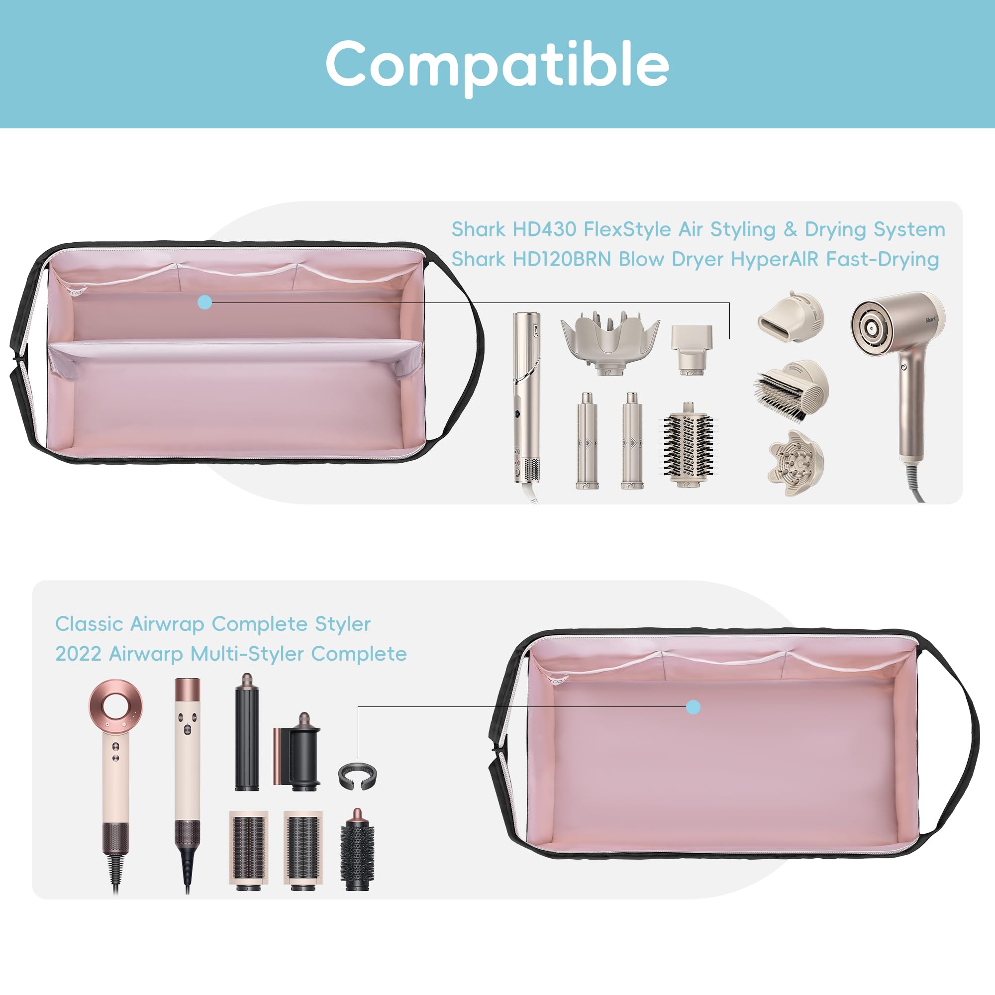 Lexeeco Dyson Air Wrap travel case inside-pockets show easy small-item storage.