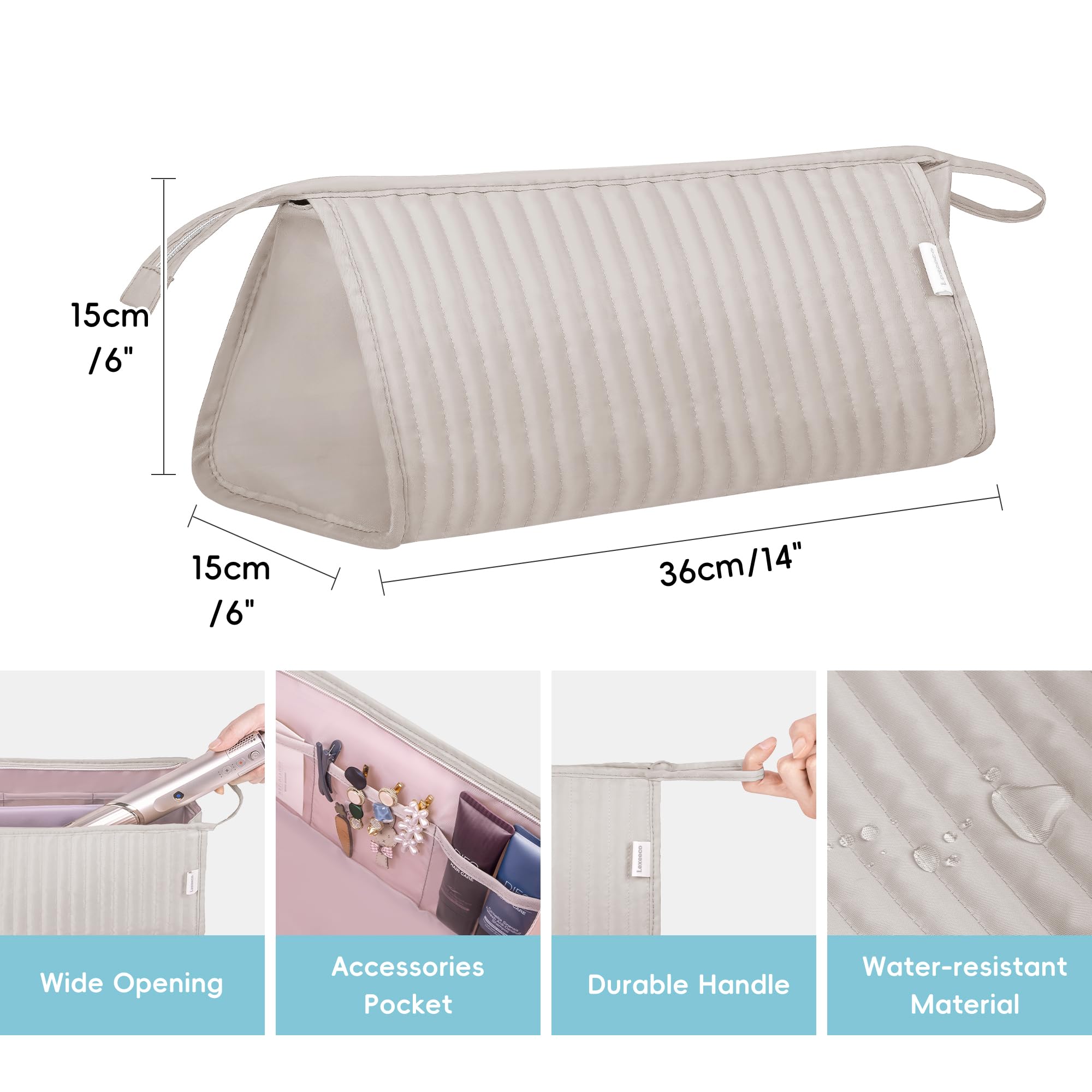 Lexeeco hair tools travel bag wide opening for quick setup.