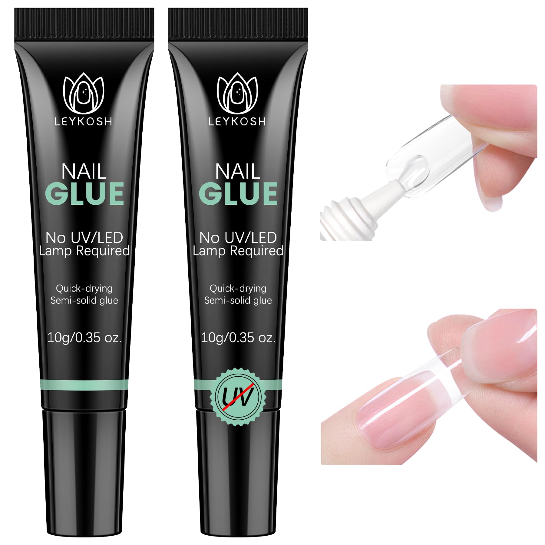 LEYKOSH Nail Glue bottle shows 10-second dry action for quick at-home manicures