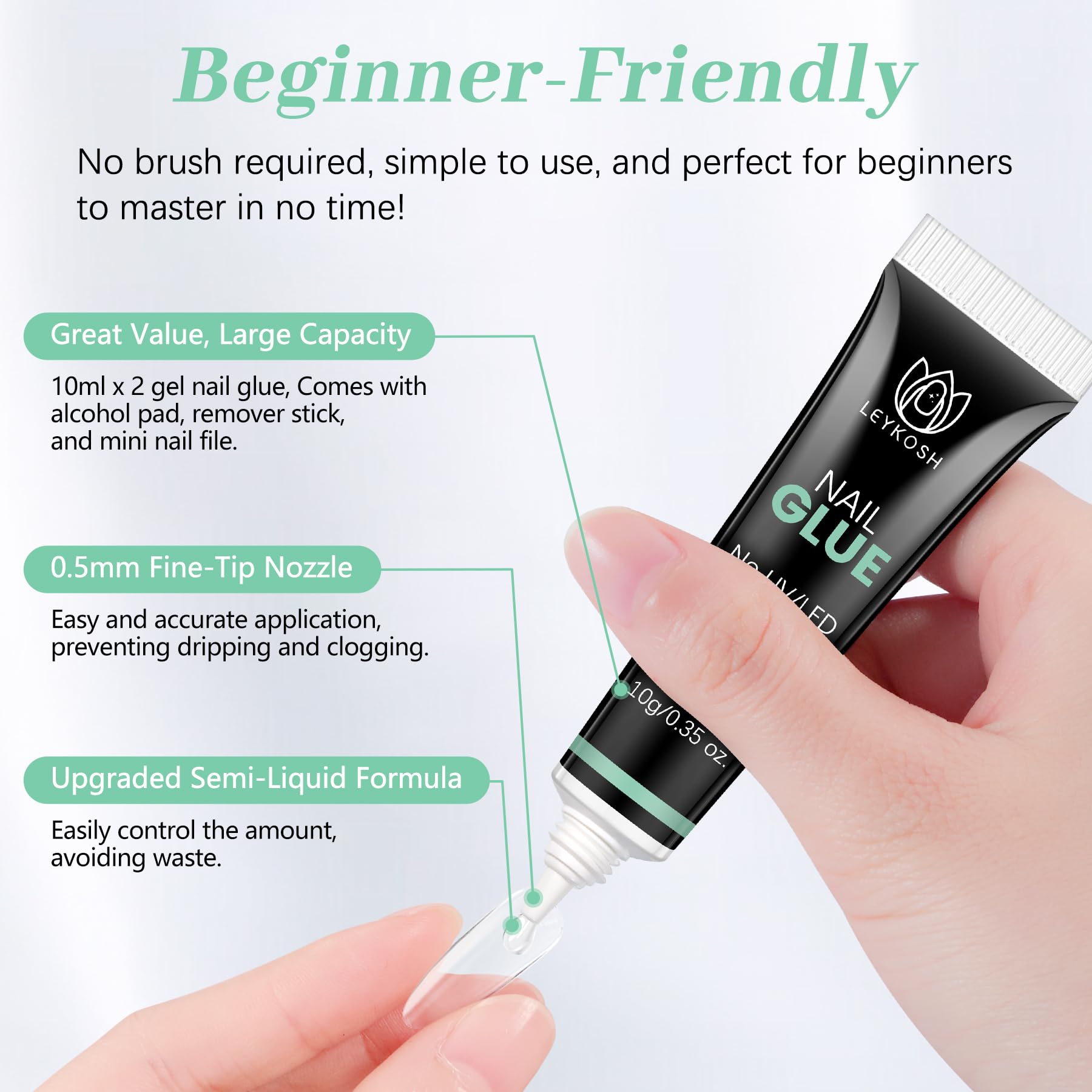 LEYKOSH Nail Glue for nails tips shows multipurpose use with press-ons