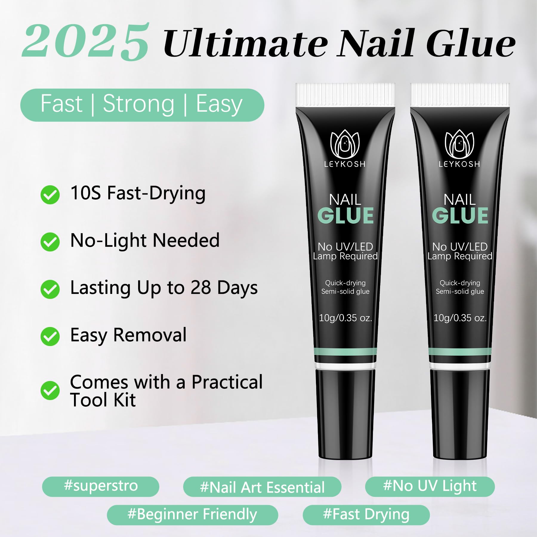 LEYKOSH Nail Glue precision-tip image highlights controlled application and minimal mess