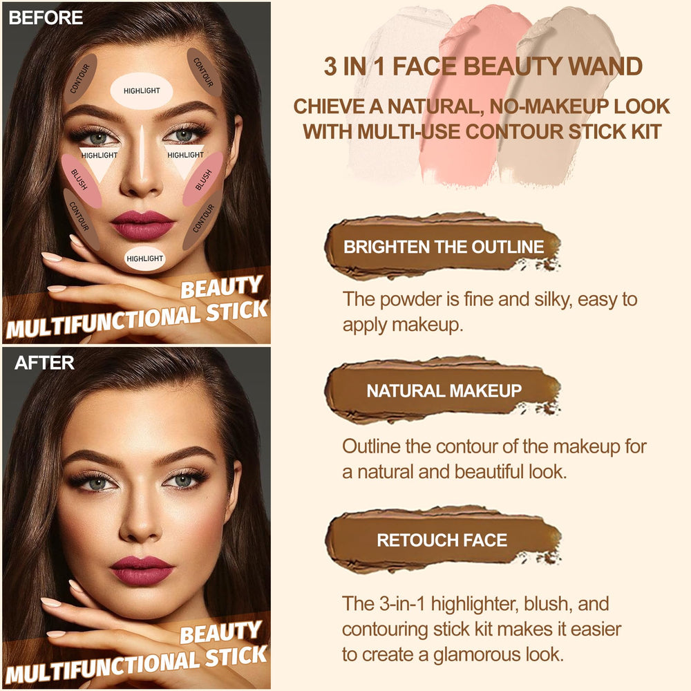 Lezero 3Pcs Contour Stick Set Bronzer creates warm, sculpted definition.