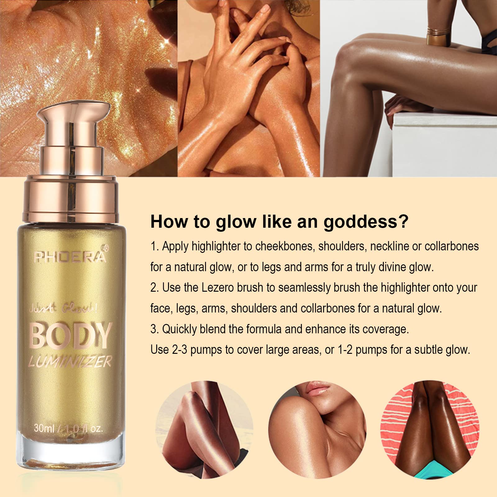 Lezero Body Shimmer Oil Metallic Gold swatch creates radiant glow on skin.