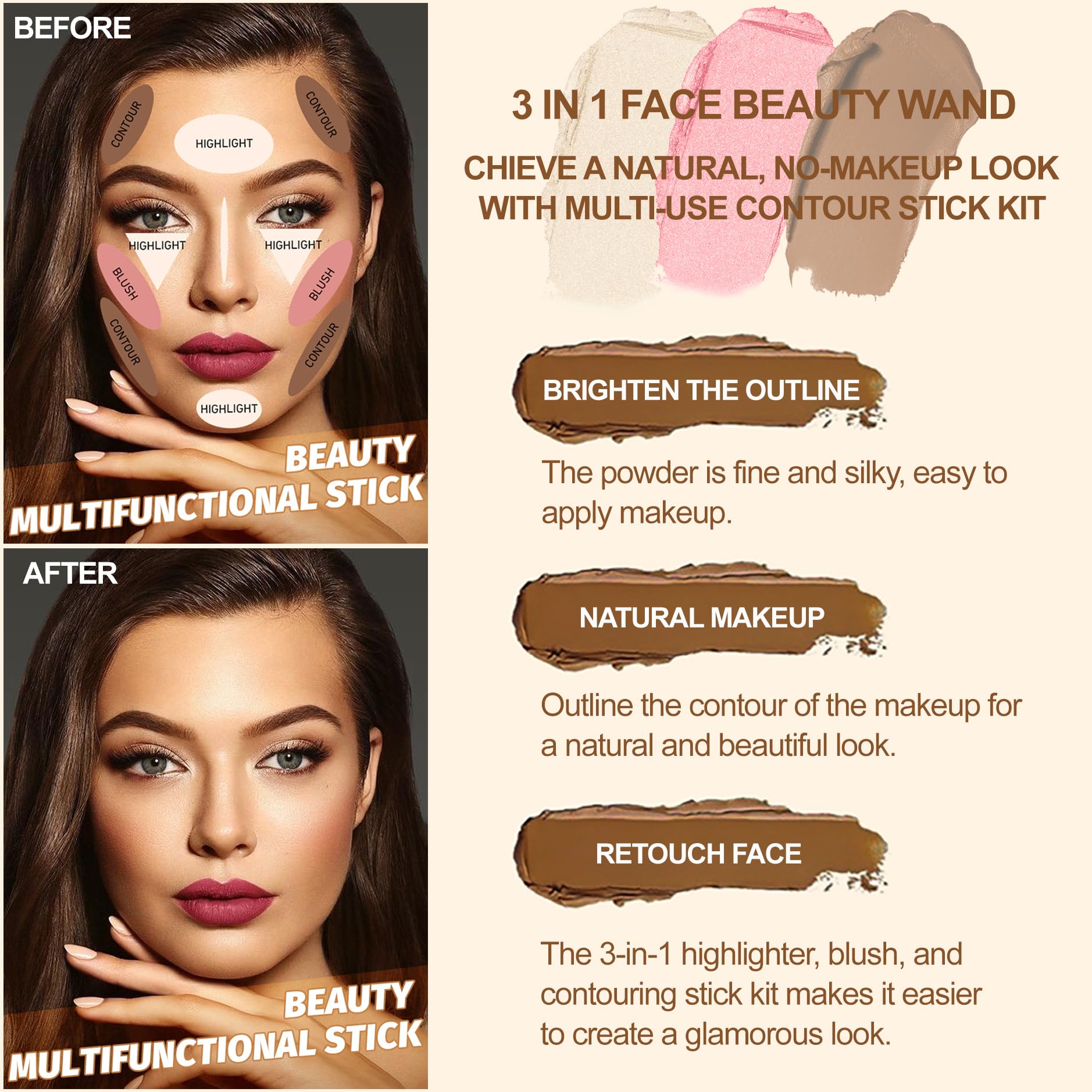 Lezero contour-stick bronzer swatch along jawline for warm, sculpted facial contours