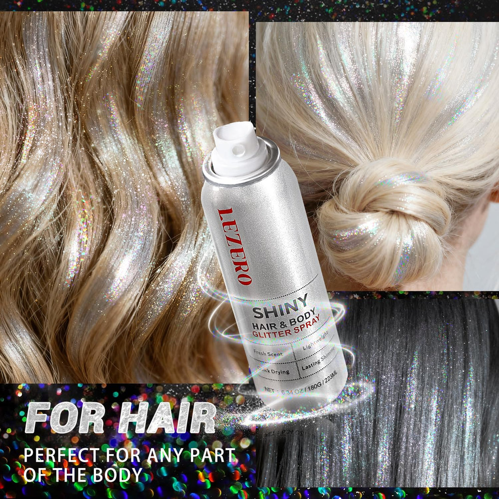 Lezero glitter spray applied to hair and face for party-ready look