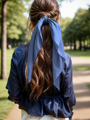 LFOUVRE knotted bow scrunchie in navy for versatile styling and gentle grip