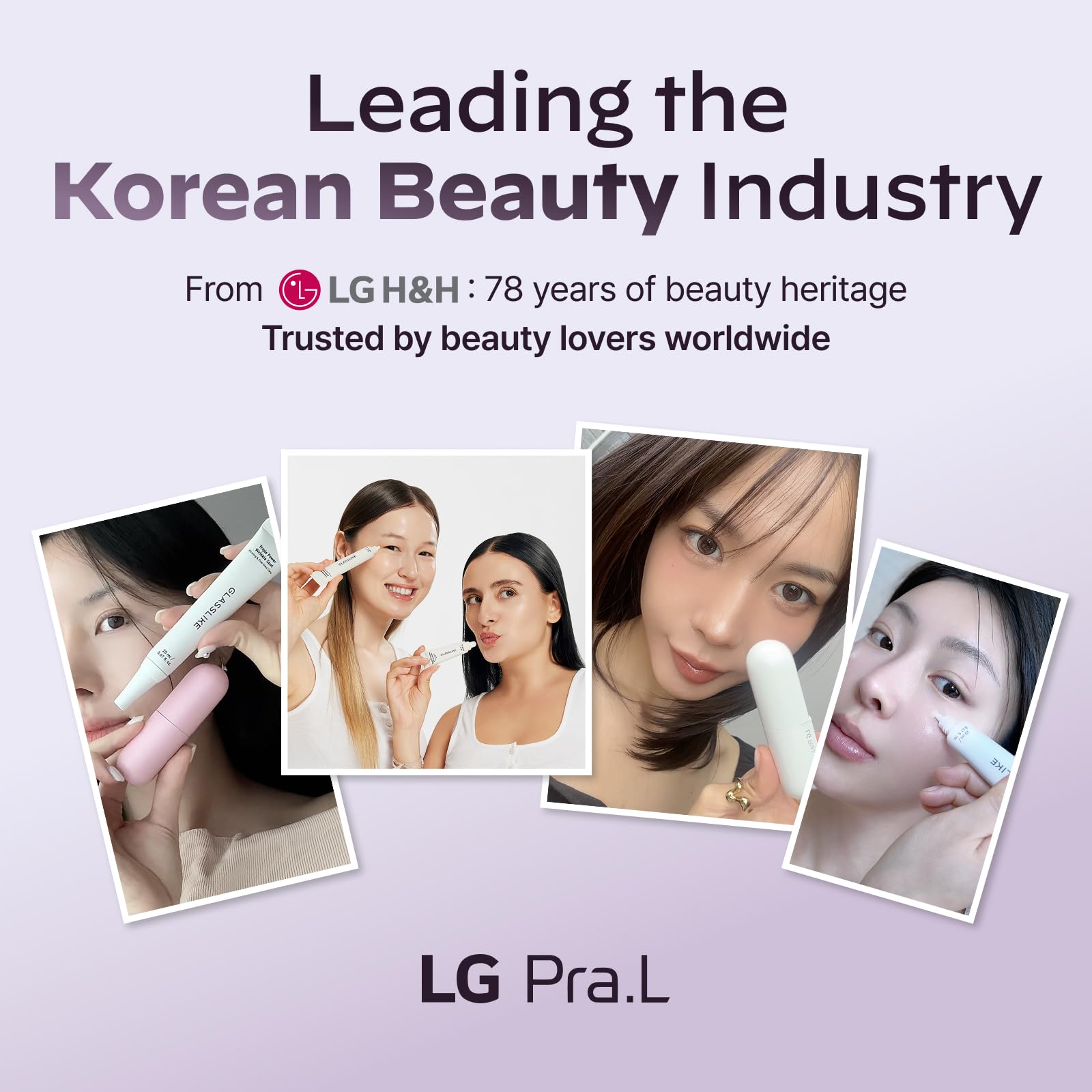 LG Pra.L Glasslike full-face skin tone improvement visuals imply balanced hydration and firmness.