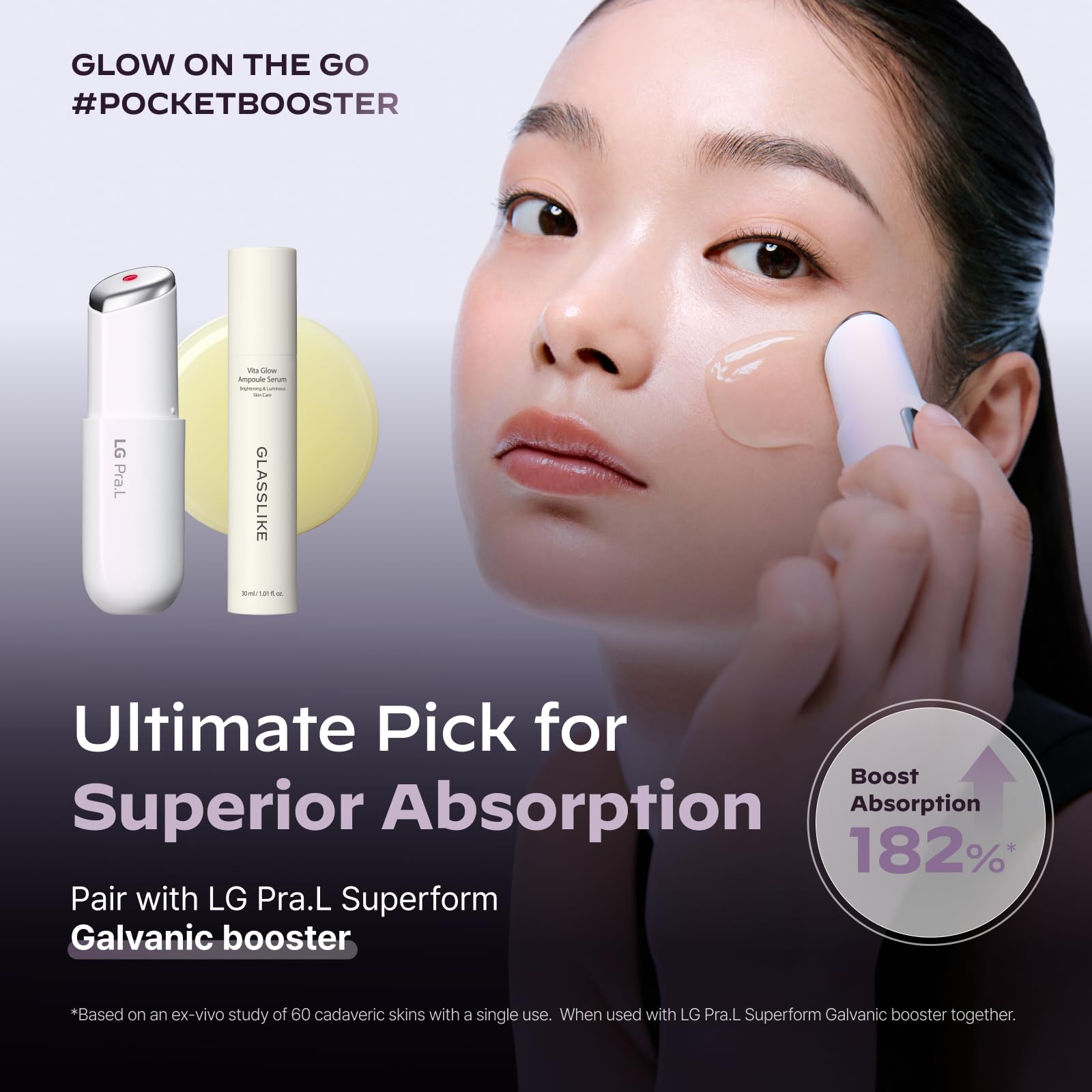 LG Pra.L Glasslike Vita Glow Ampoule Serum on a vanity for daily routines