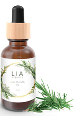 Lia Organics Hair Growth Oil bottle closeup highlights rosemary-infused formula for scalp nourishment.