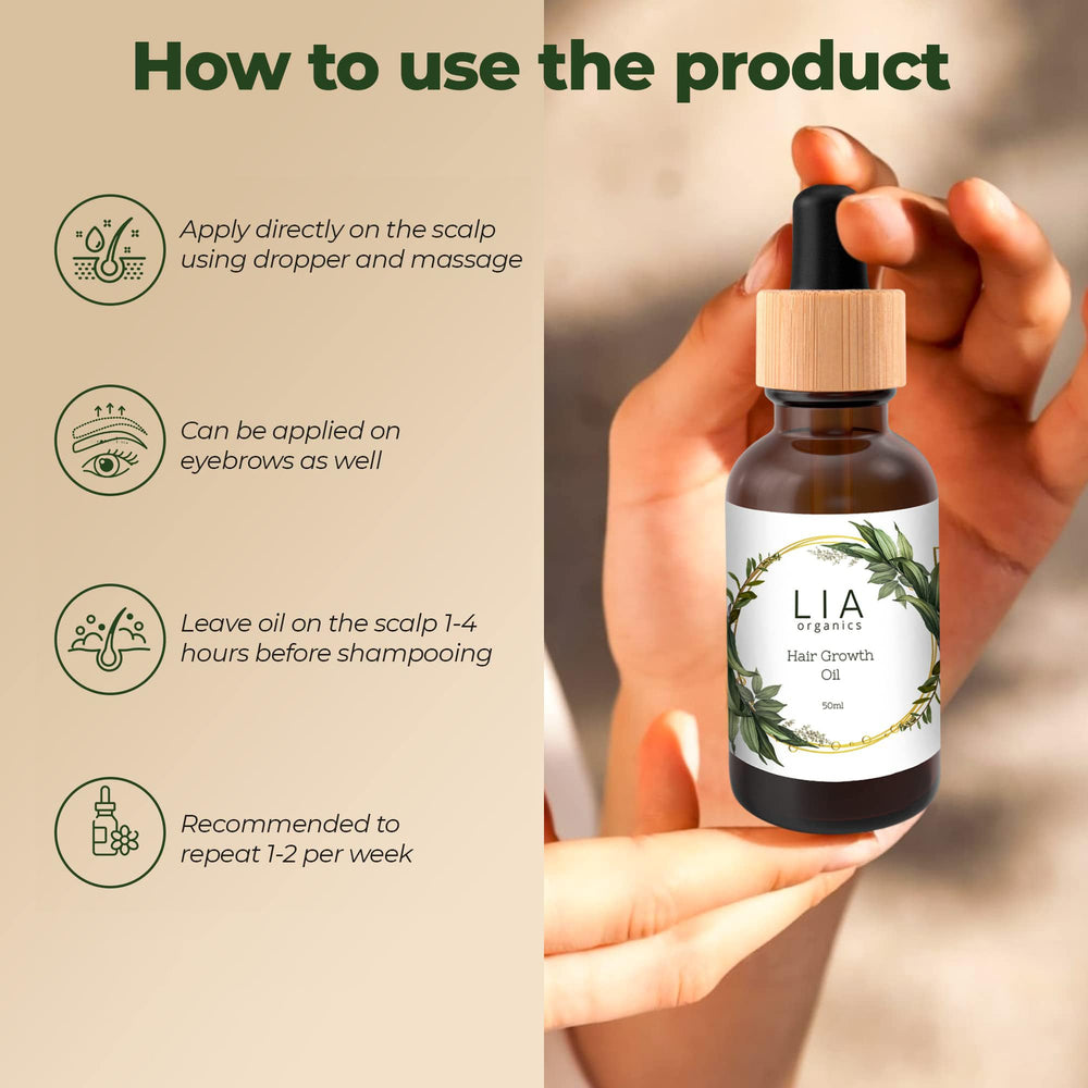 Lia Organics Hair Growth Oil ingredients graphic shows pumpkin seed and amla oils in action.