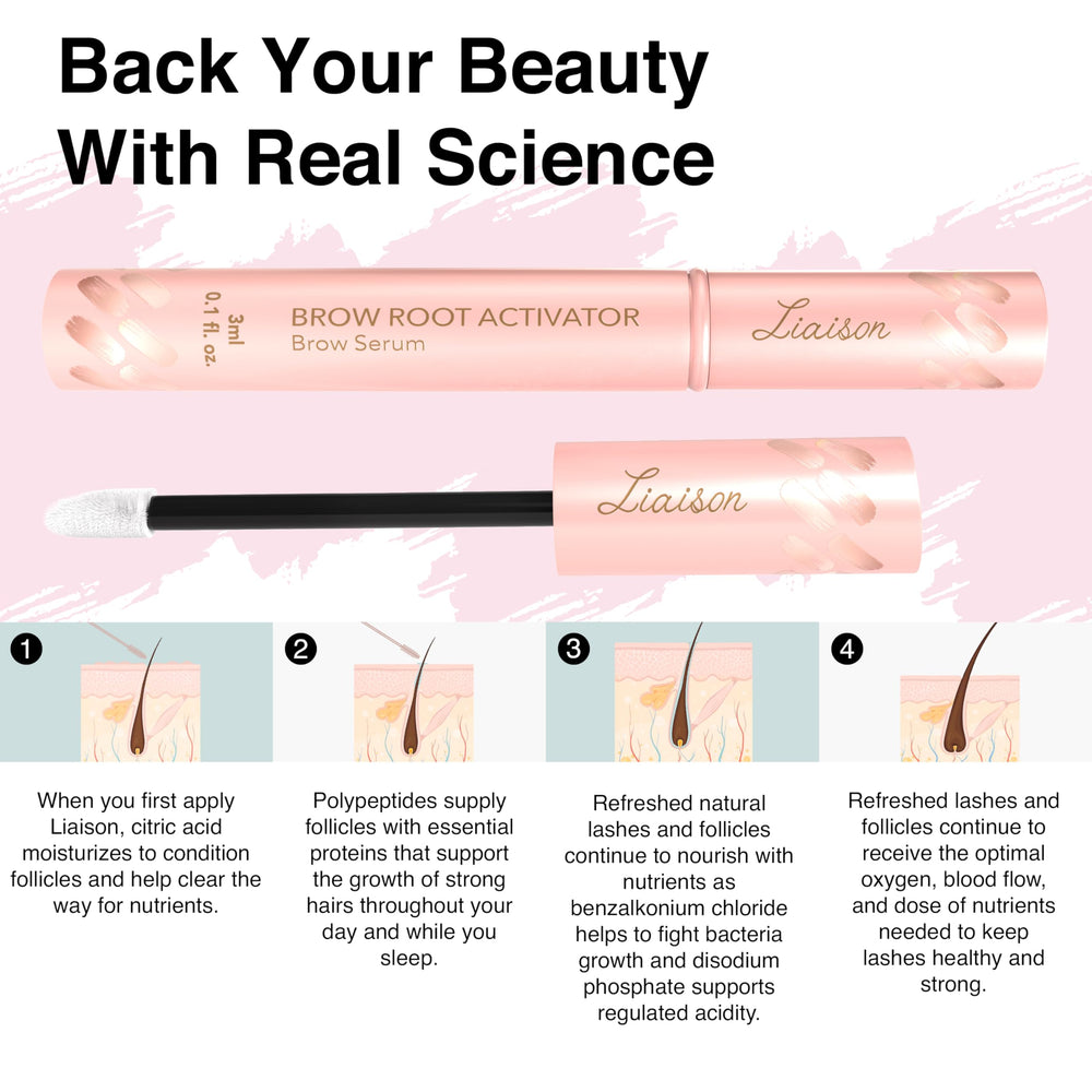 Liaison Brow Growth Serum packaging highlights vegan and cruelty-free beauty.