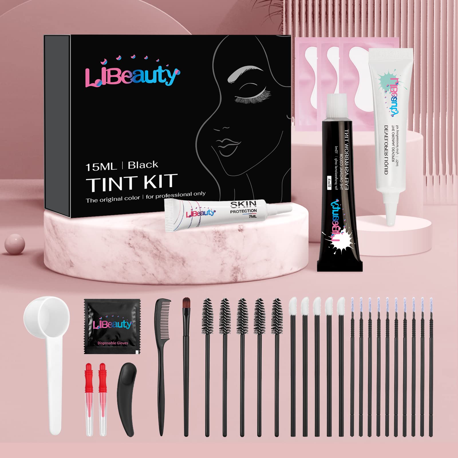 Libeauty eyebrow coloring focus shows defined brows and fuller appearance.