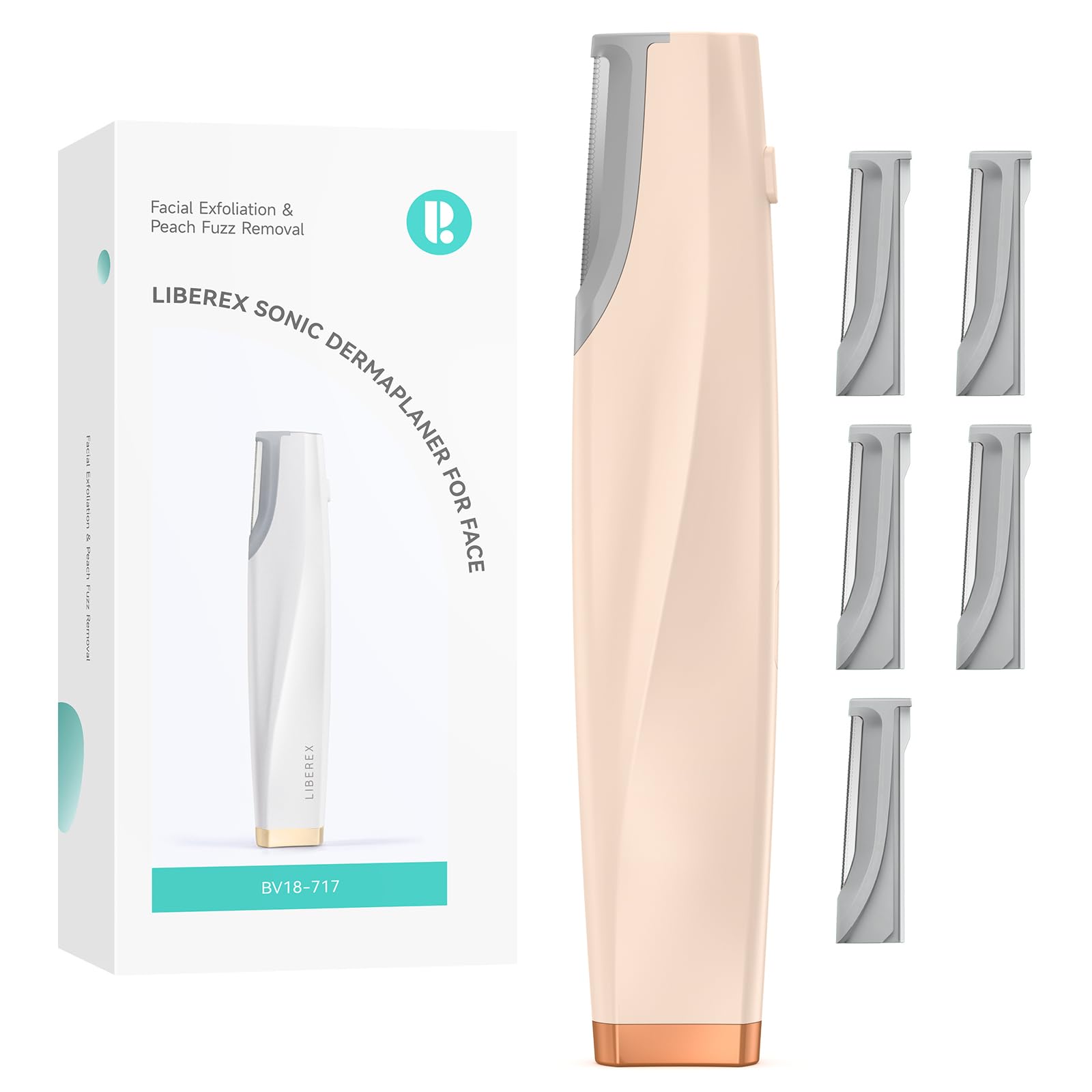 Liberex sonic dermaplaning tool pink front view for precise peach fuzz removal.