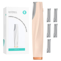 Liberex sonic dermaplaning tool pink front view for precise peach fuzz removal.