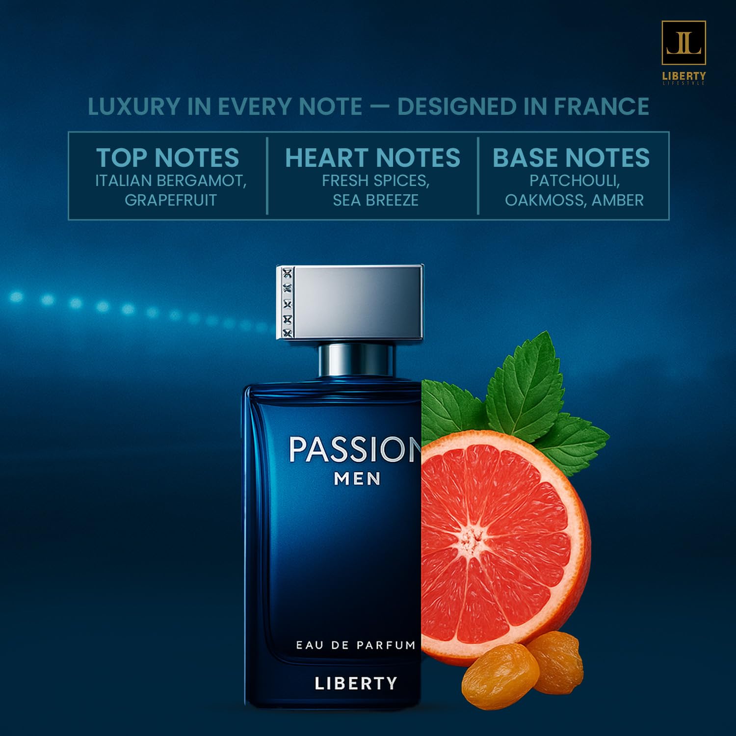 Liberty Luxury Passion sea breeze and aromatic middle notes evoke fresh confidence.