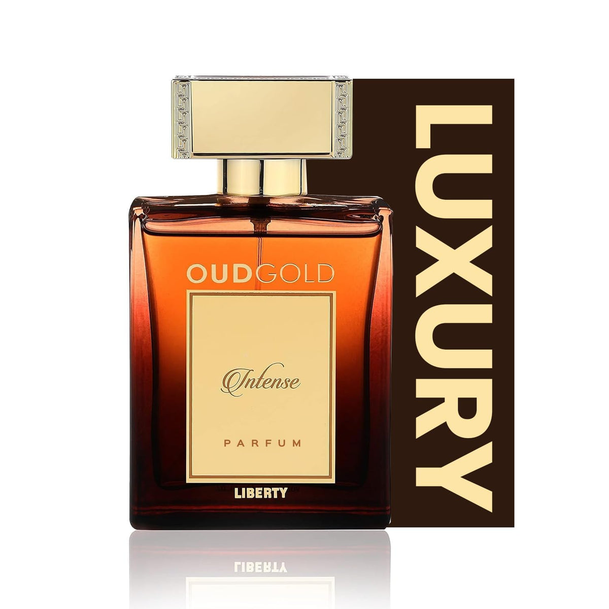 Liberty OudGold Intense bottle-front signals a bold woody scent for confident evenings.