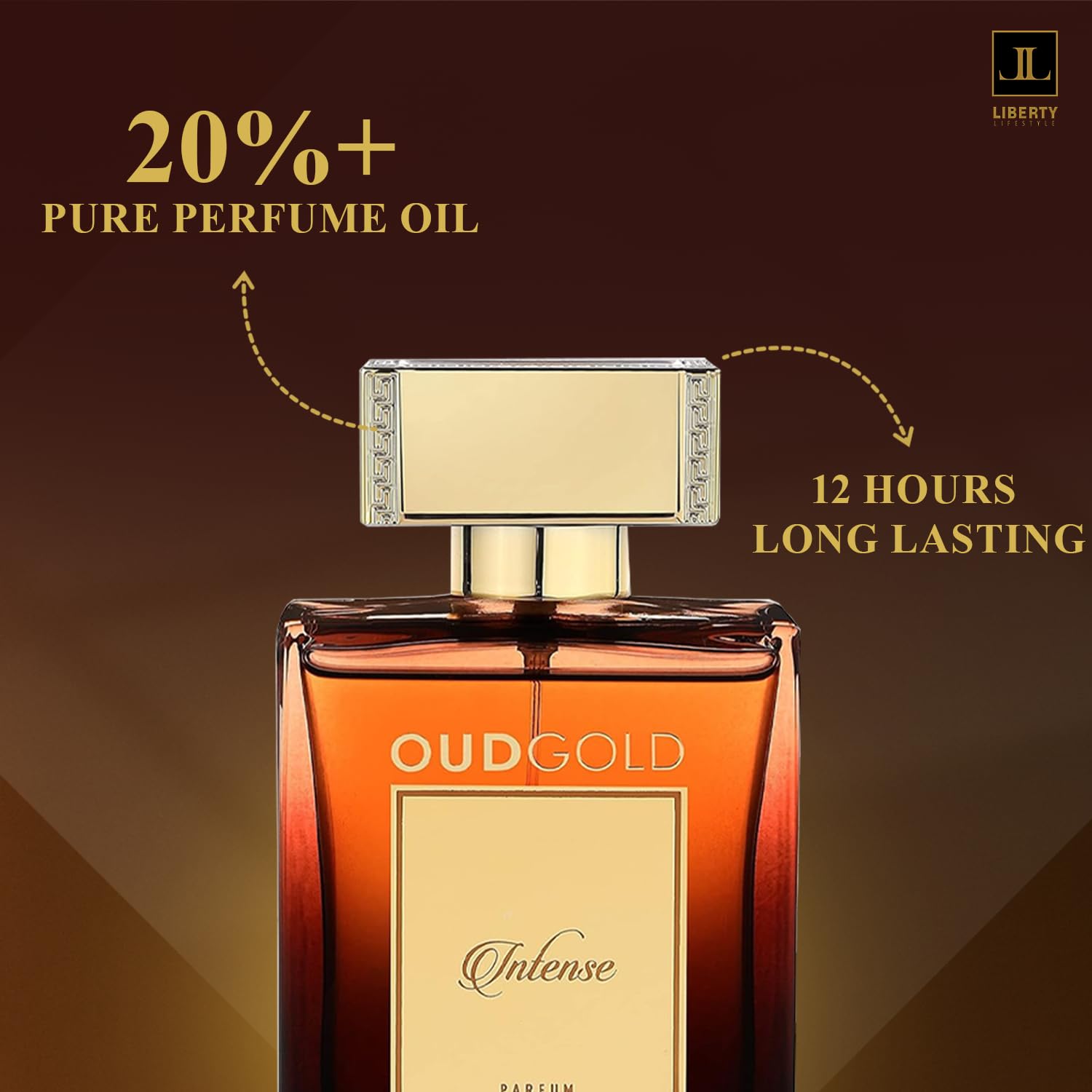 Liberty OudGold Intense bottle in hand demonstrates portable luxury for travel moments.