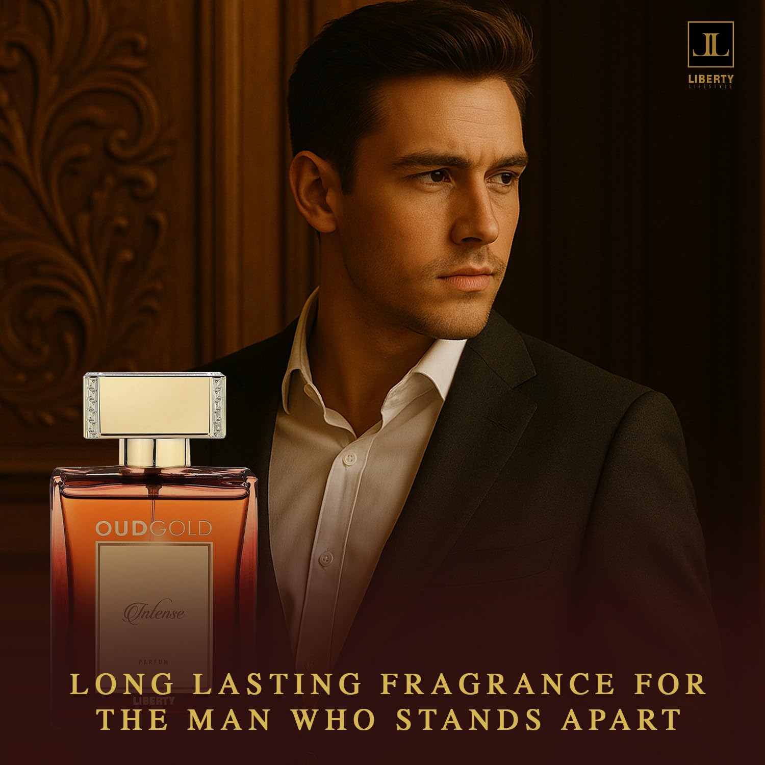 Liberty OudGold Intense oud and vanilla base note glimpse suggests lasting allure.