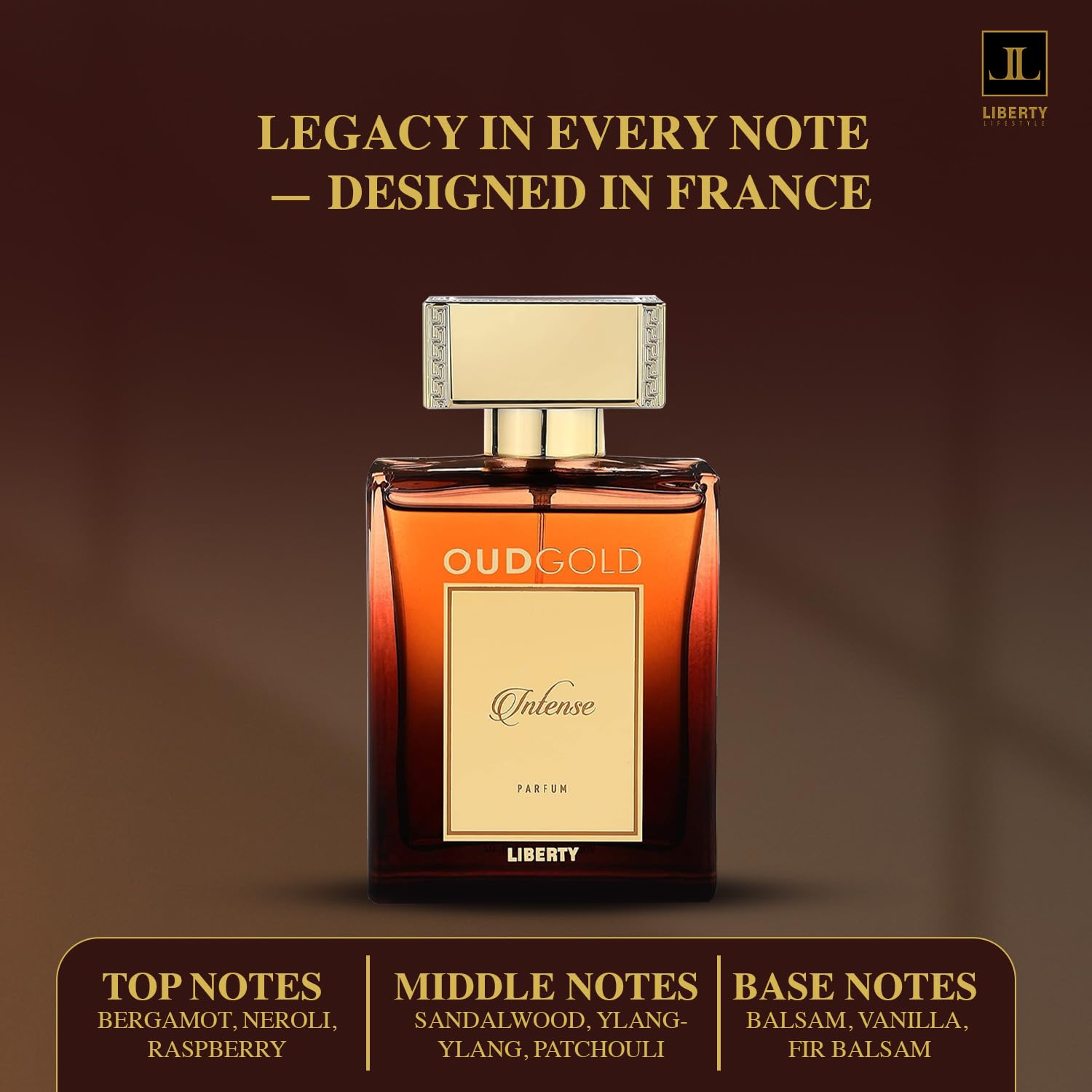 Liberty OudGold Intense sandalwood note detail conveys warm, sophisticated character.