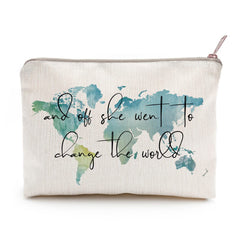 LICOBG world-map makeup bag closed, portable cosmetics storage for travel.