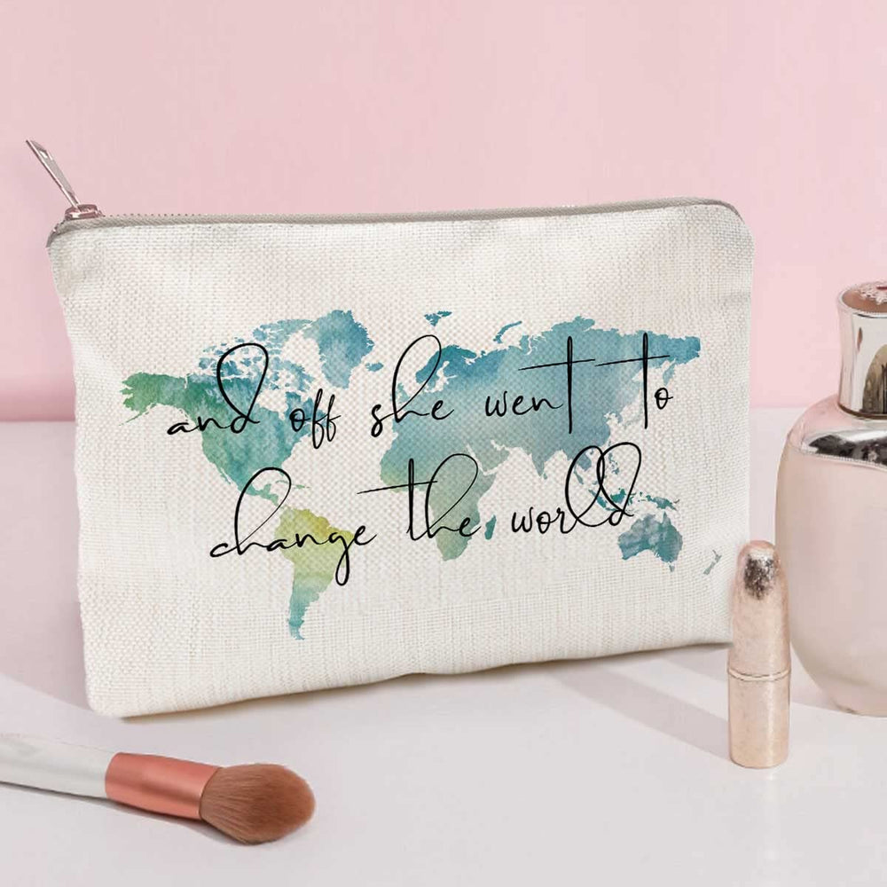 LICOBG world-map makeup bag open, easy access for skincare essentials on the go.