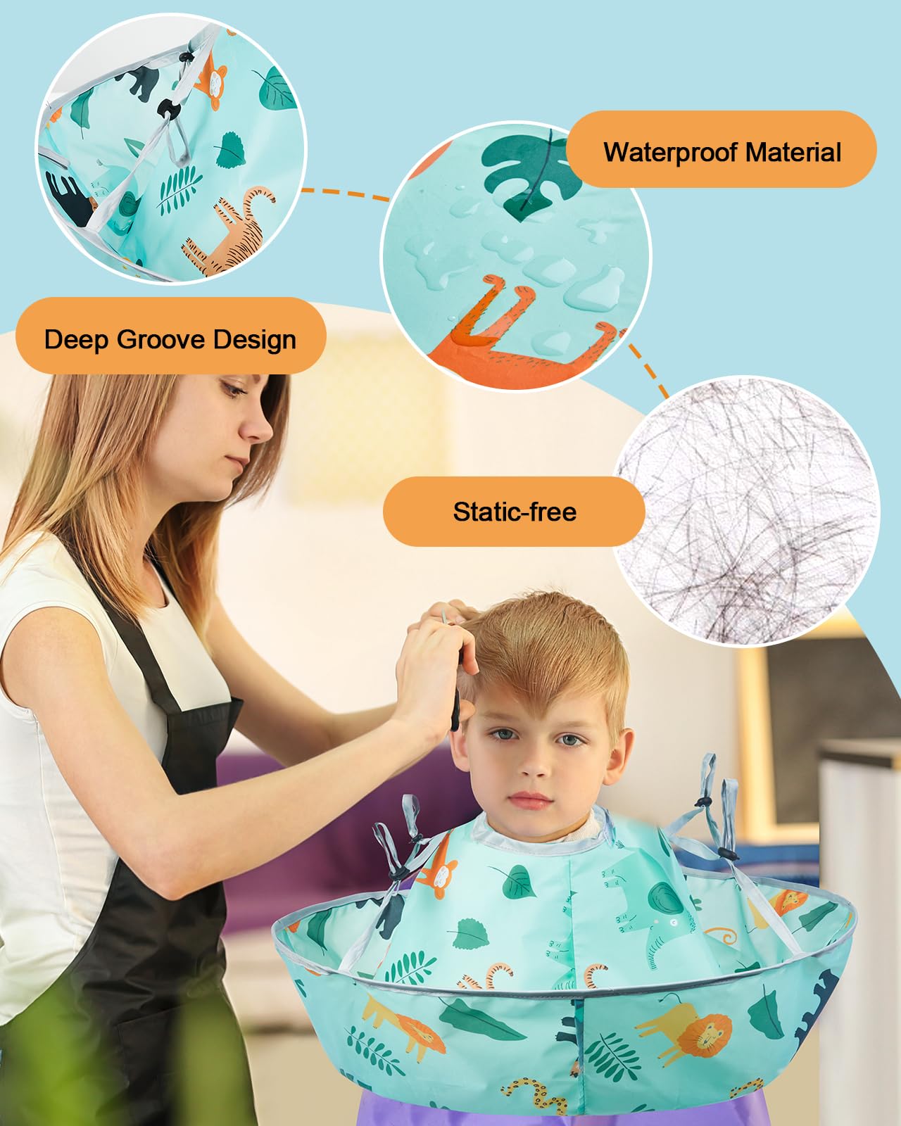 Lictin haircut cape deep groove hair trap captures clippings for easier cleanup.