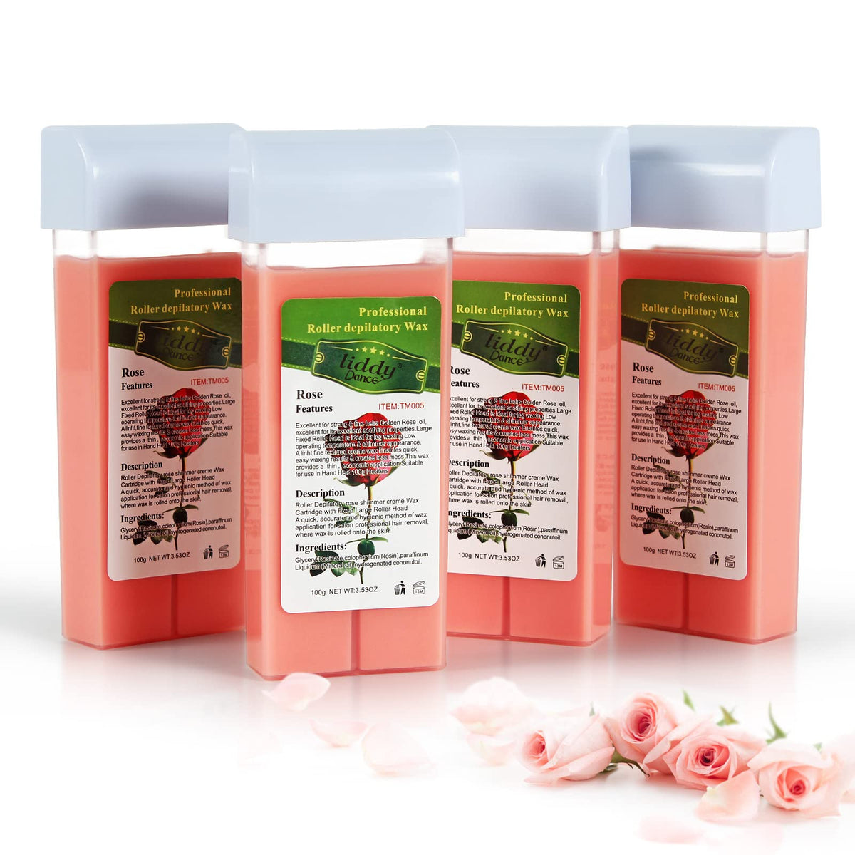 Liddy Dance Rose roll-on wax 4-pack gentle on sensitive skin for at-home body waxing.